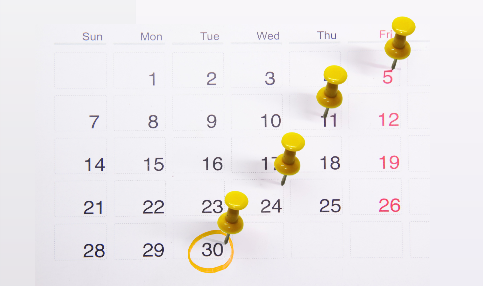 a calendar with yellow thumbtacks
