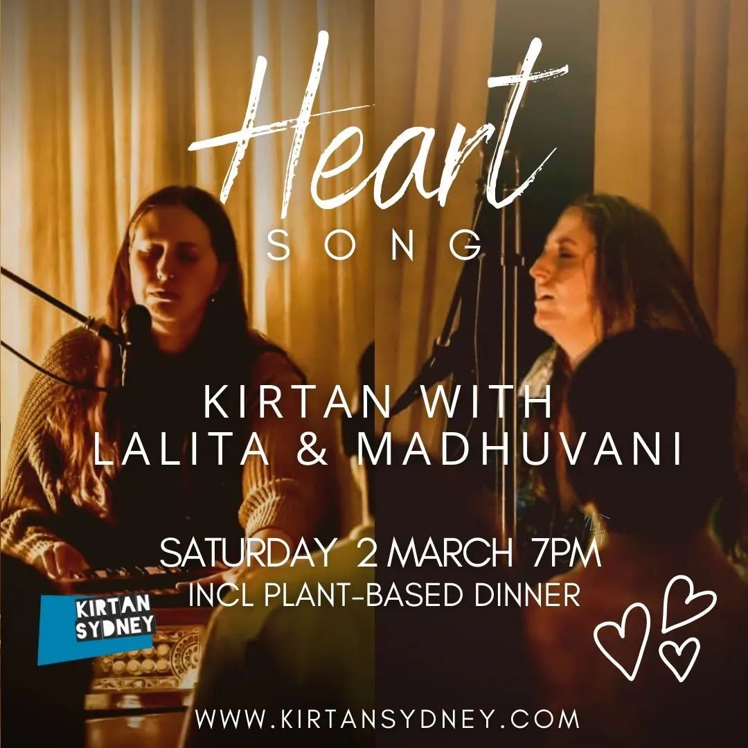 We are so excited to be singing kirtan in Sydney again after so long! Join my sister @madhuvani_kirtan_kks and I on Saturday March 2nd at @kirtansydney for HEARTSONG, a night of delving deep into the heart!

 Tickets can be purchased at kirtansydney.