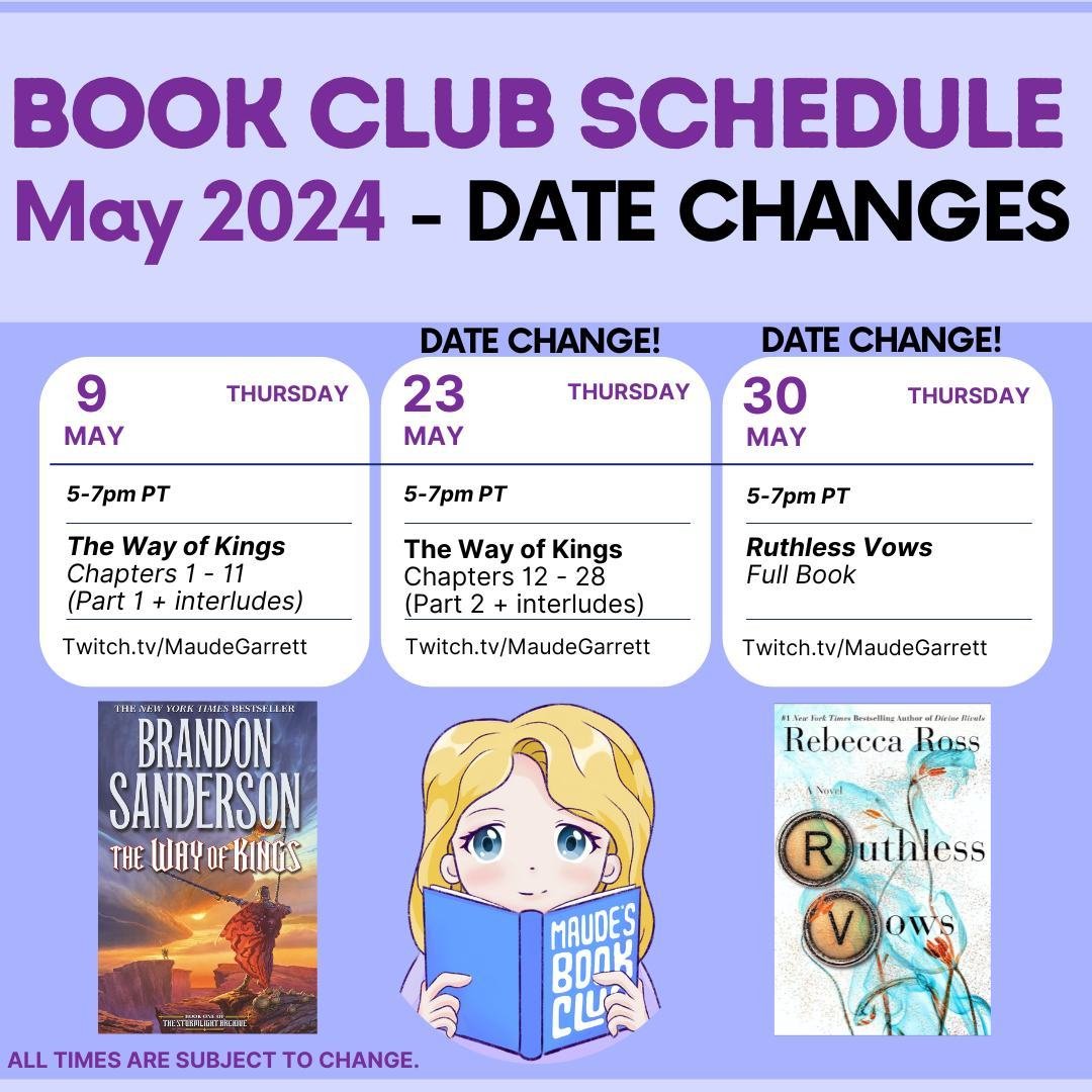 DATE CHANGES!!

Please be made aware that The Way of Kings Part 2 and Ruthless Vow streams have changed dates!!

More time to read if you haven't started!

🏷️ #Bookstagram #booktok #bookobsessed #bookrecommendations #booklovers #bookclub #bookish