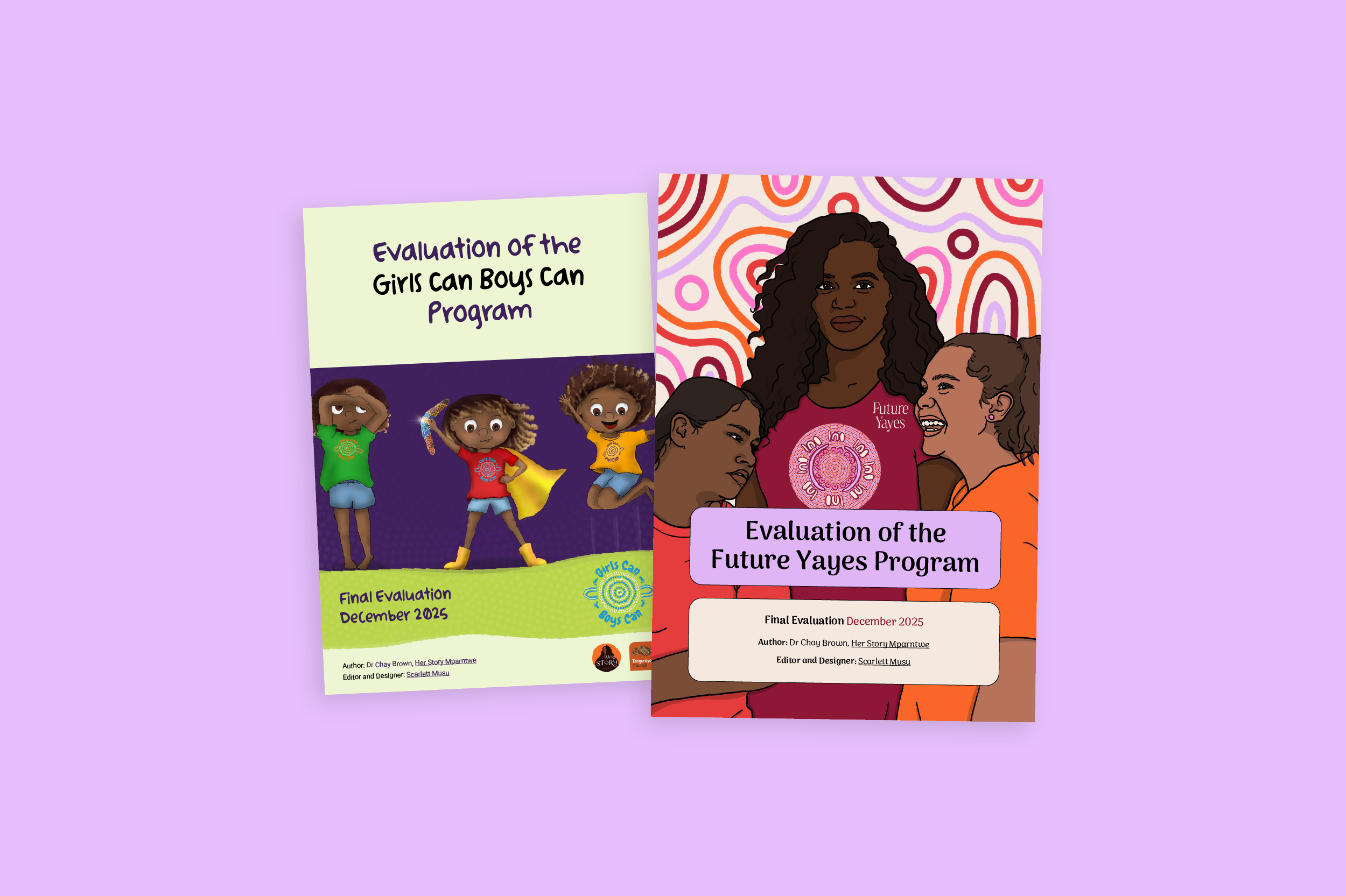 Front covers of the Girls Can Boys Can and Future ayes program evaluations, both with colourful illustrations on the cover.