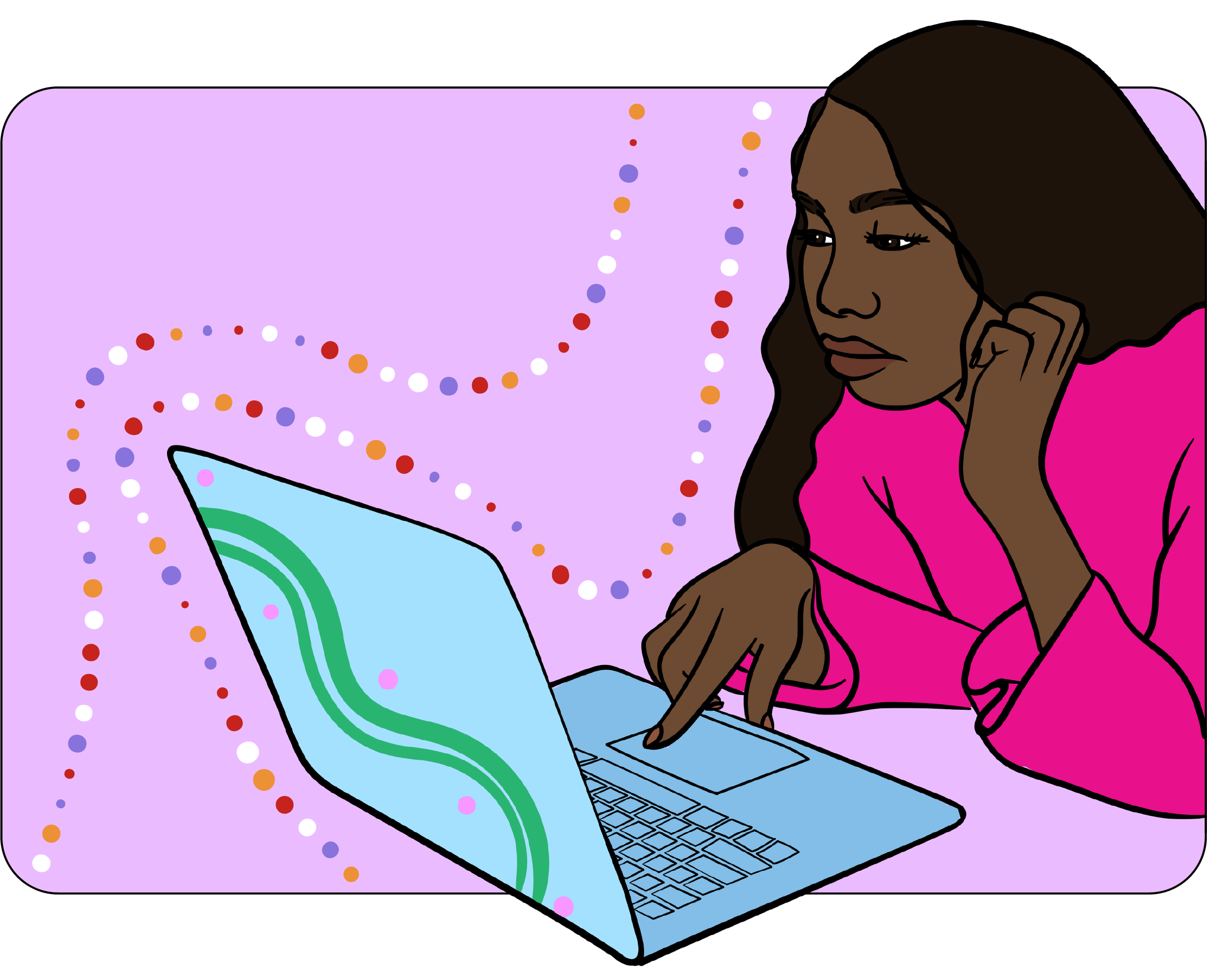 Illustration of an Aboriginal woman looking at a laptop. She has dark brown skin and long brown hair.