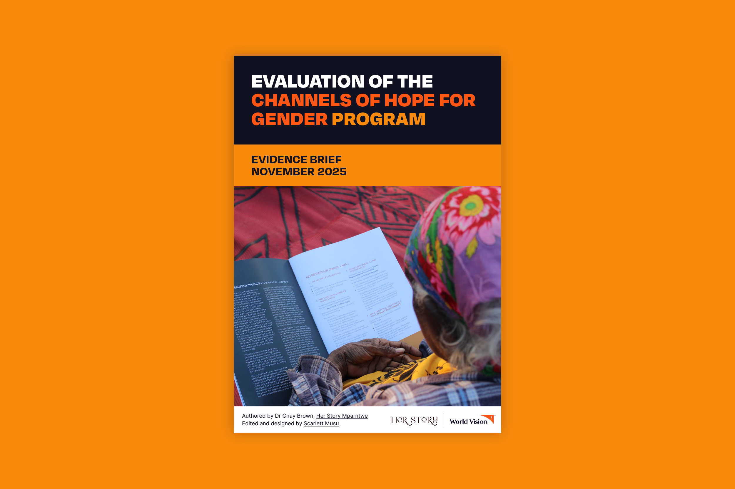 Front cover of the 'Evaluation of the Channels of Hope for Gender Program' Evidence Brief. Photograph of an older Aboriginal woman looking at a document.