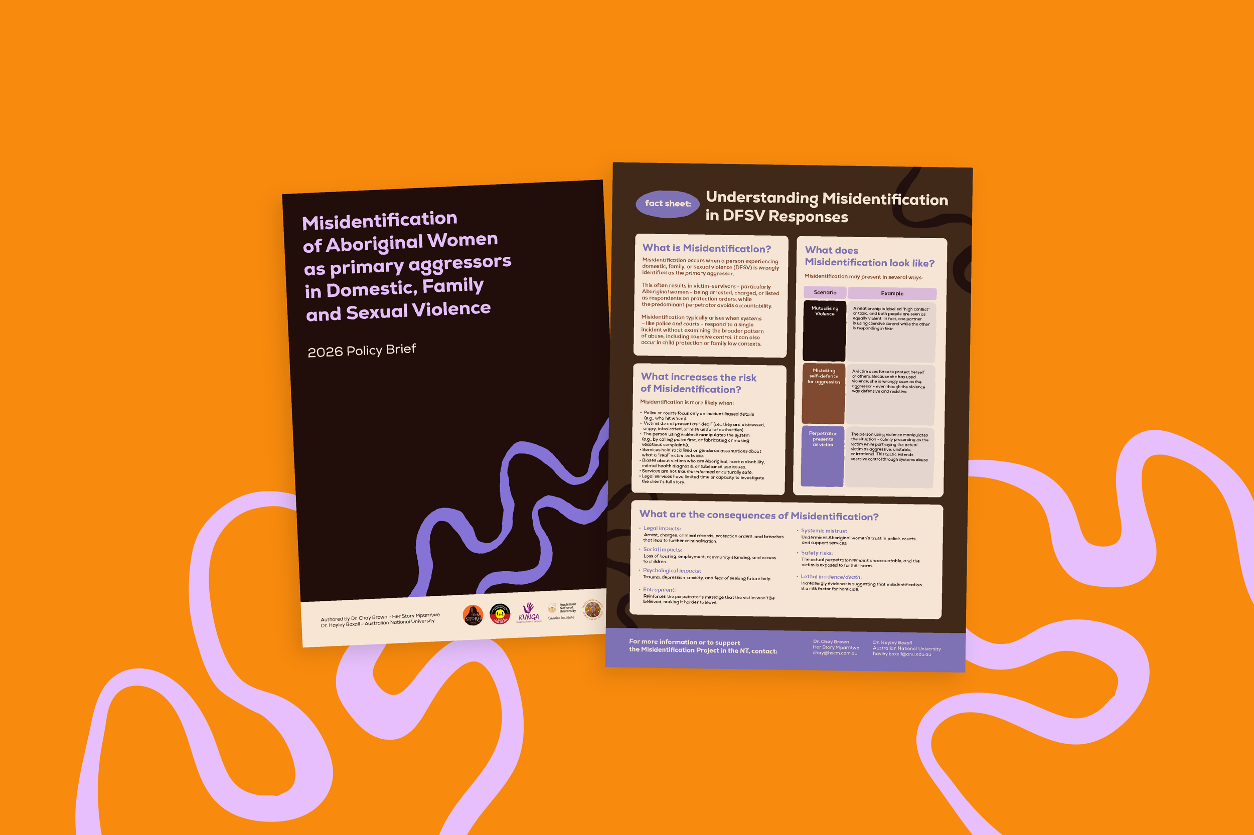 Photo of the front page of the 'Misidentification of Aboriginal Women as primary aggressors in Domestic, Family and Sexual Violence' Policy brief and the associated Fact Sheet.