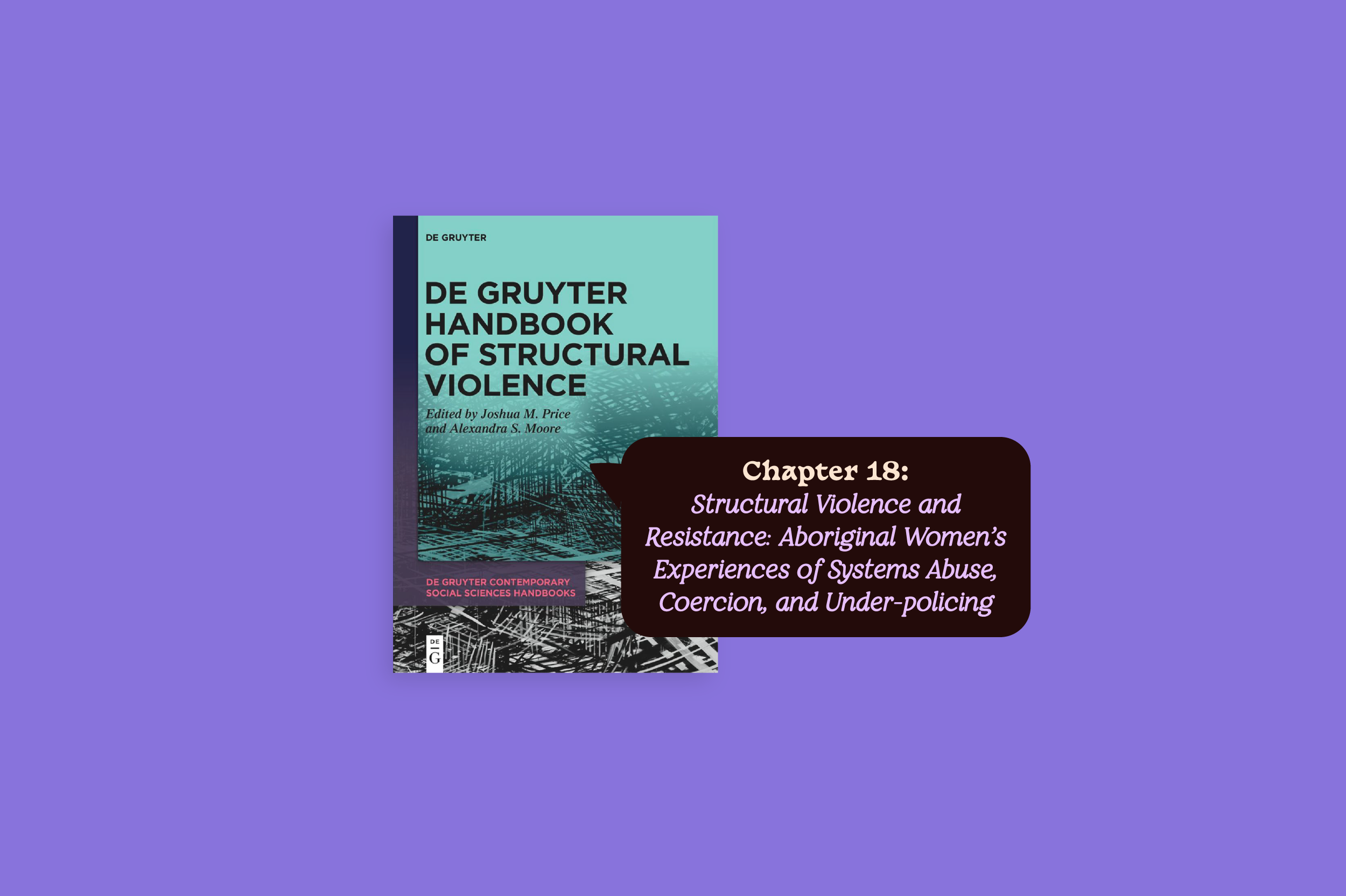 Front cover of 'De Gruyter Handbook of Structural Violence' with a speech bubble saying "Chapter 18: Structural violence and Resistance: Aboriginal Women's Experiences of Systems Abuse, Coercion, and Under-policing".