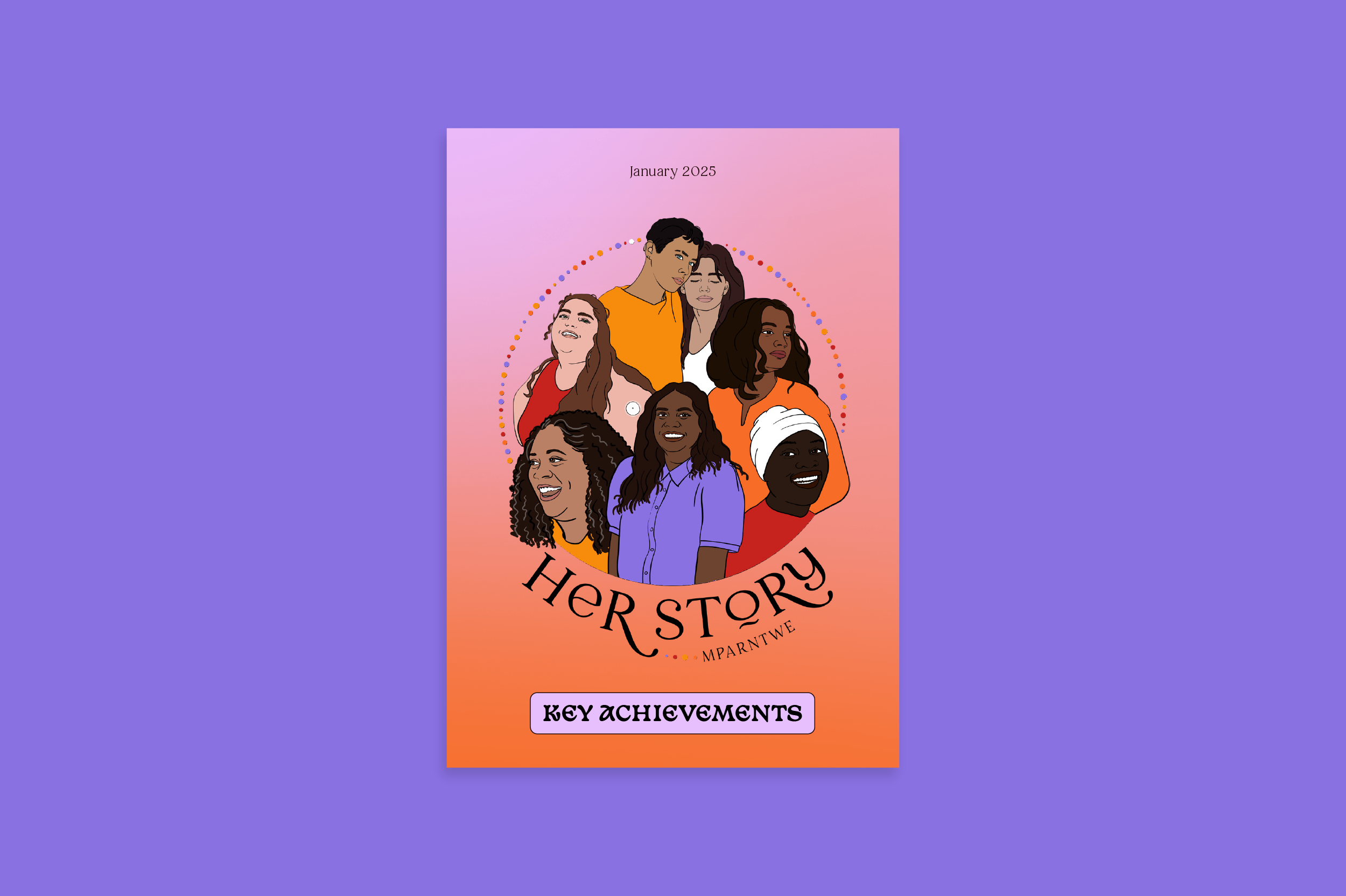 Key Achievements January 2025 document front cover with an illustration of six women and one non-binary person of diverse ethnicities, skin colours, age, and ability. They look joyful and the cover is colourful.