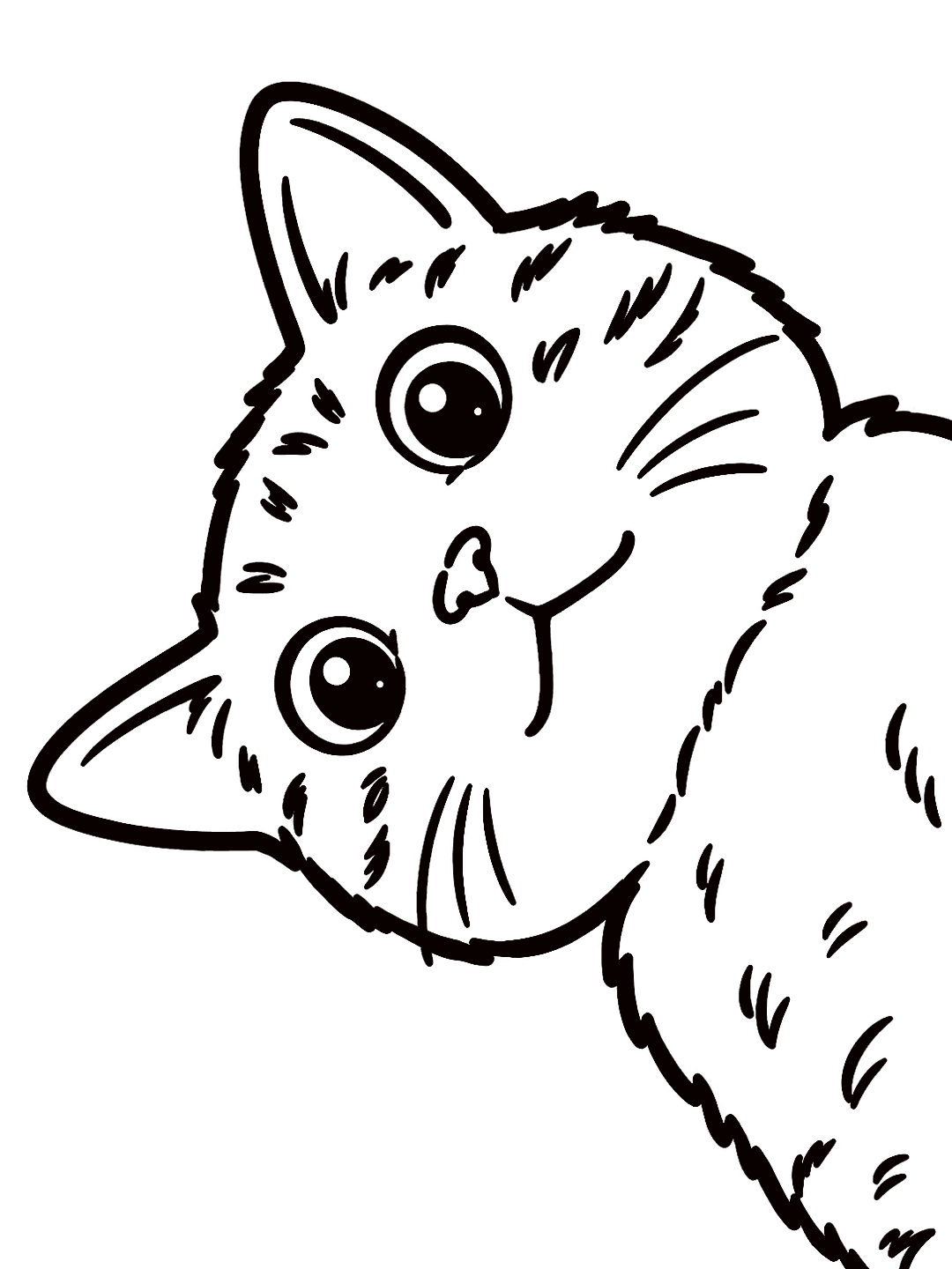 Line drawing of a kitten's face with wide eyes and a curious expression.