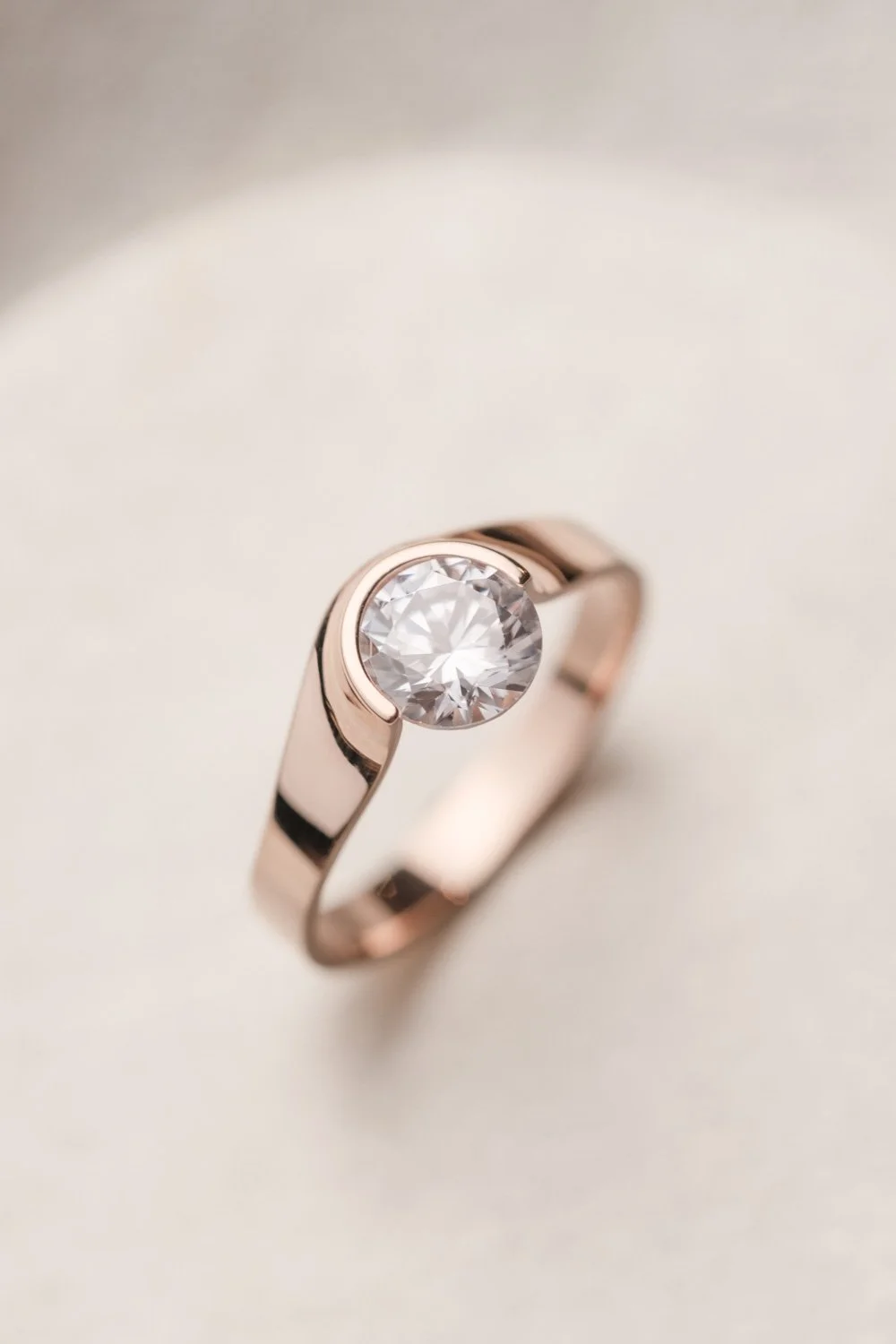 Close-up of the rose gold ring with diamond