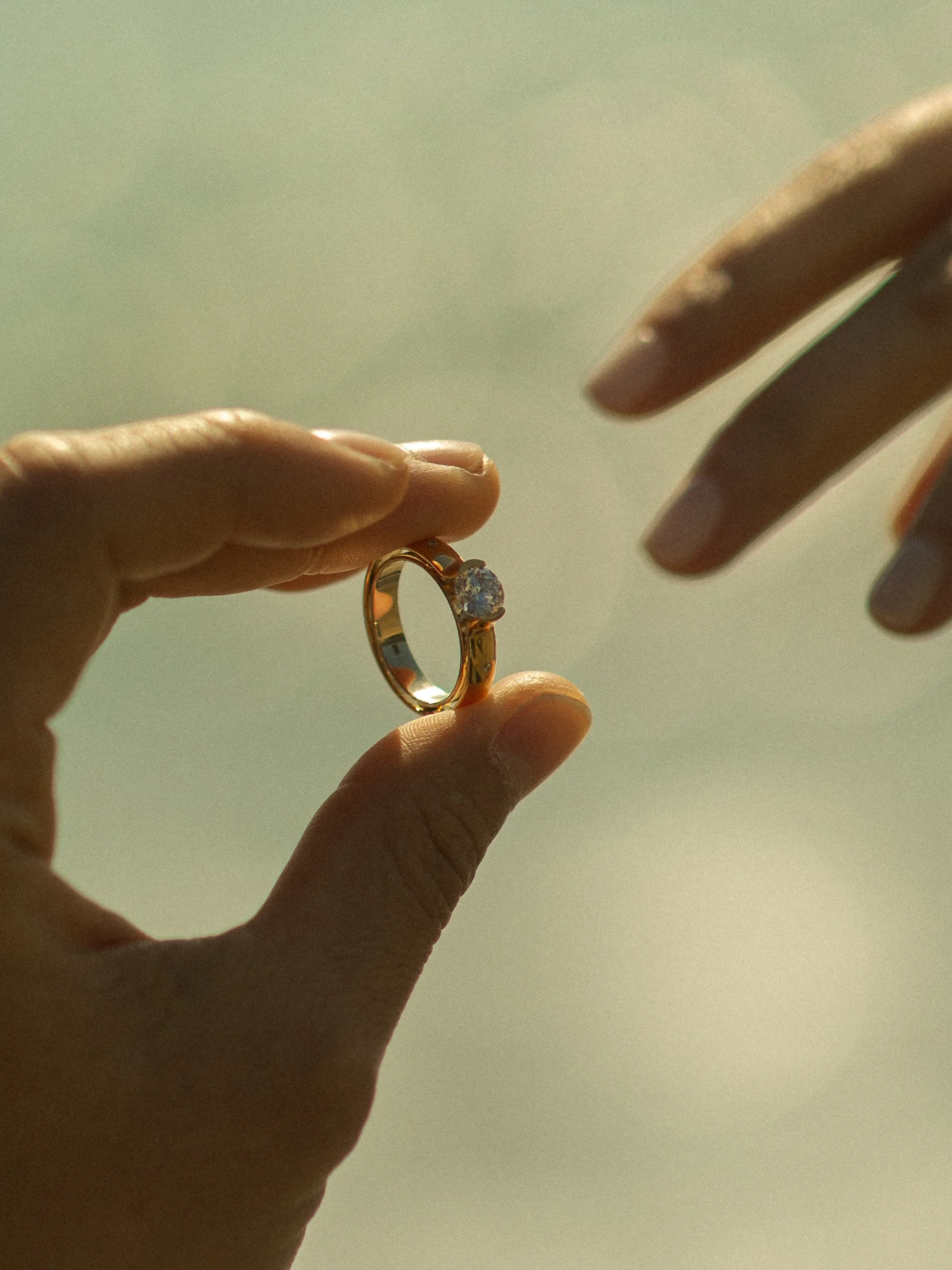 2 hands in the photo holding wedding ring beyond love collection under the nature sun light