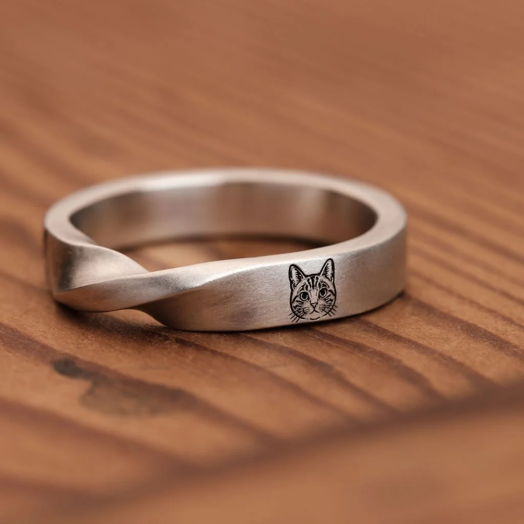 Personalised cat portrait engraving on a twisted Infinity silver ring