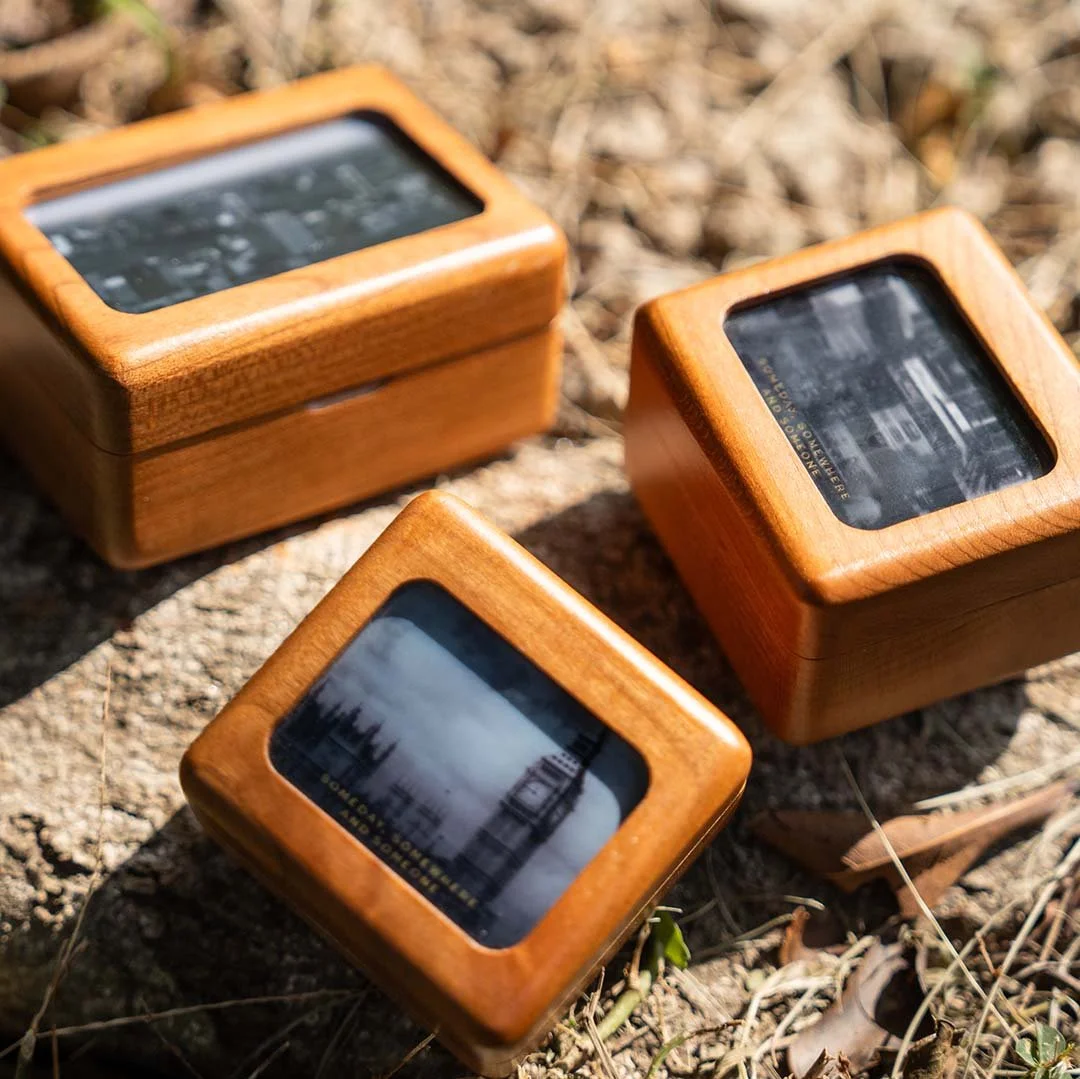 Wooden ring box with custom design on the ground