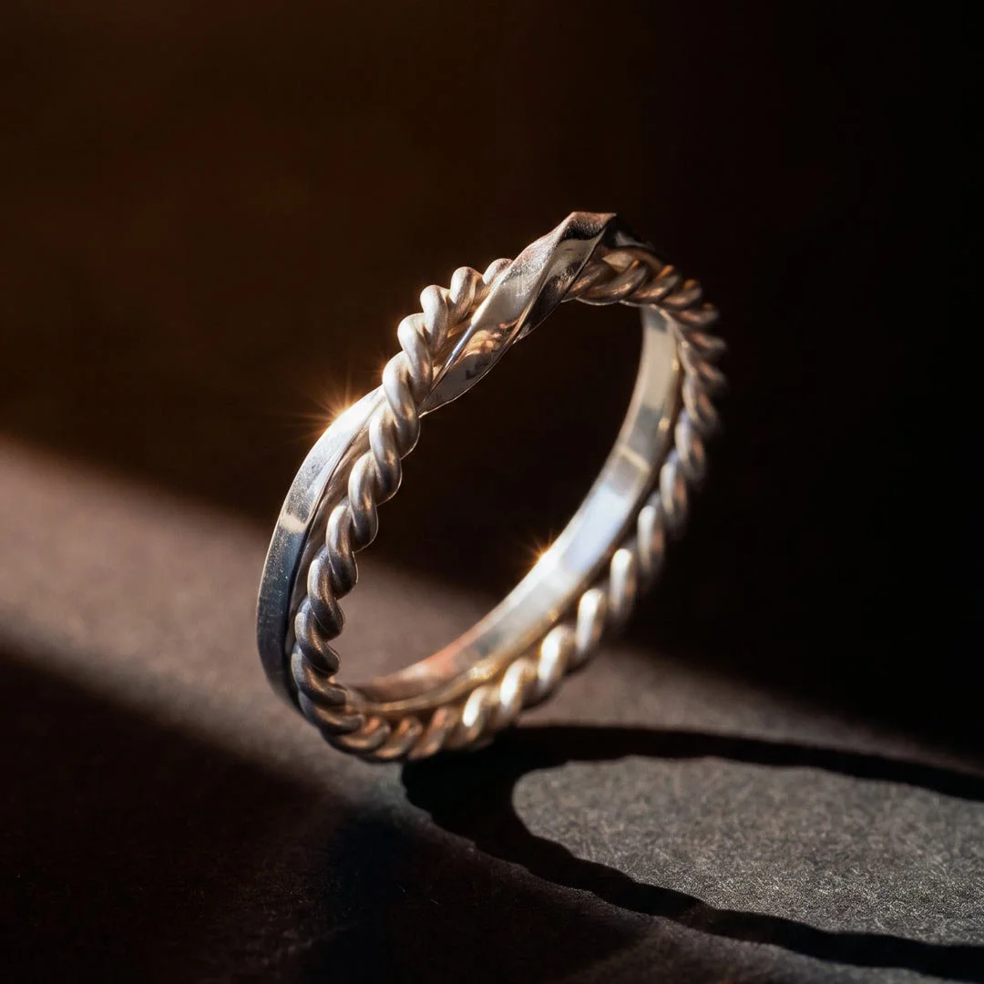 Close-up of silver Twin Souls Promise Ring on a silver surface