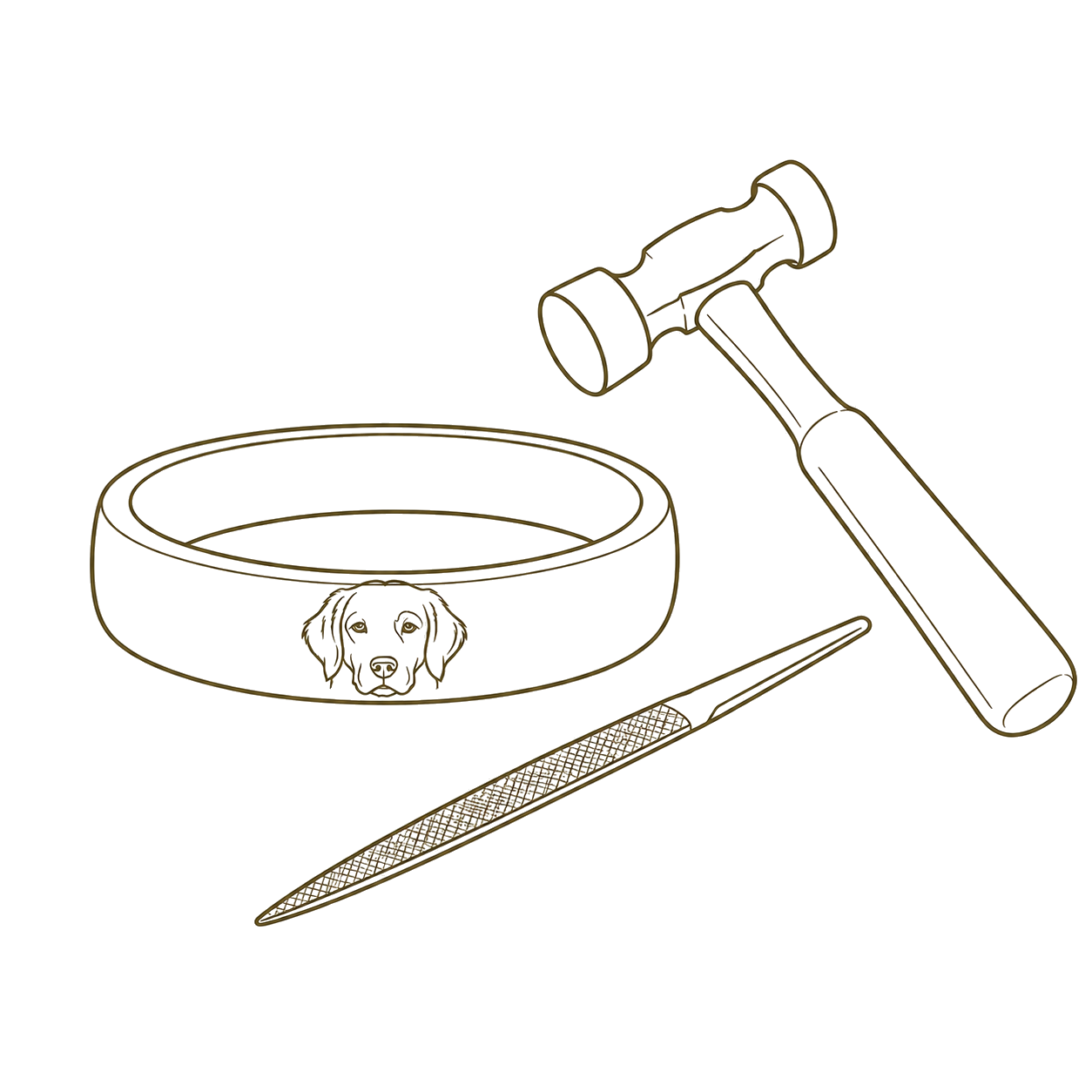 Outline drawing of dog supplies, including a dog bowl with a dog's face, a hammer, a metal nail file, and a pair of pliers.