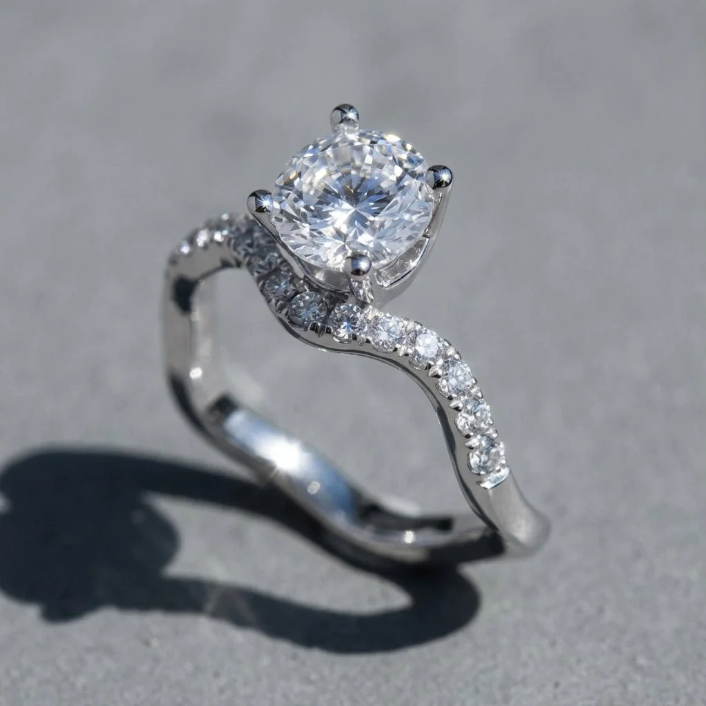 Close-up of Sum of Us diamond engagement ring