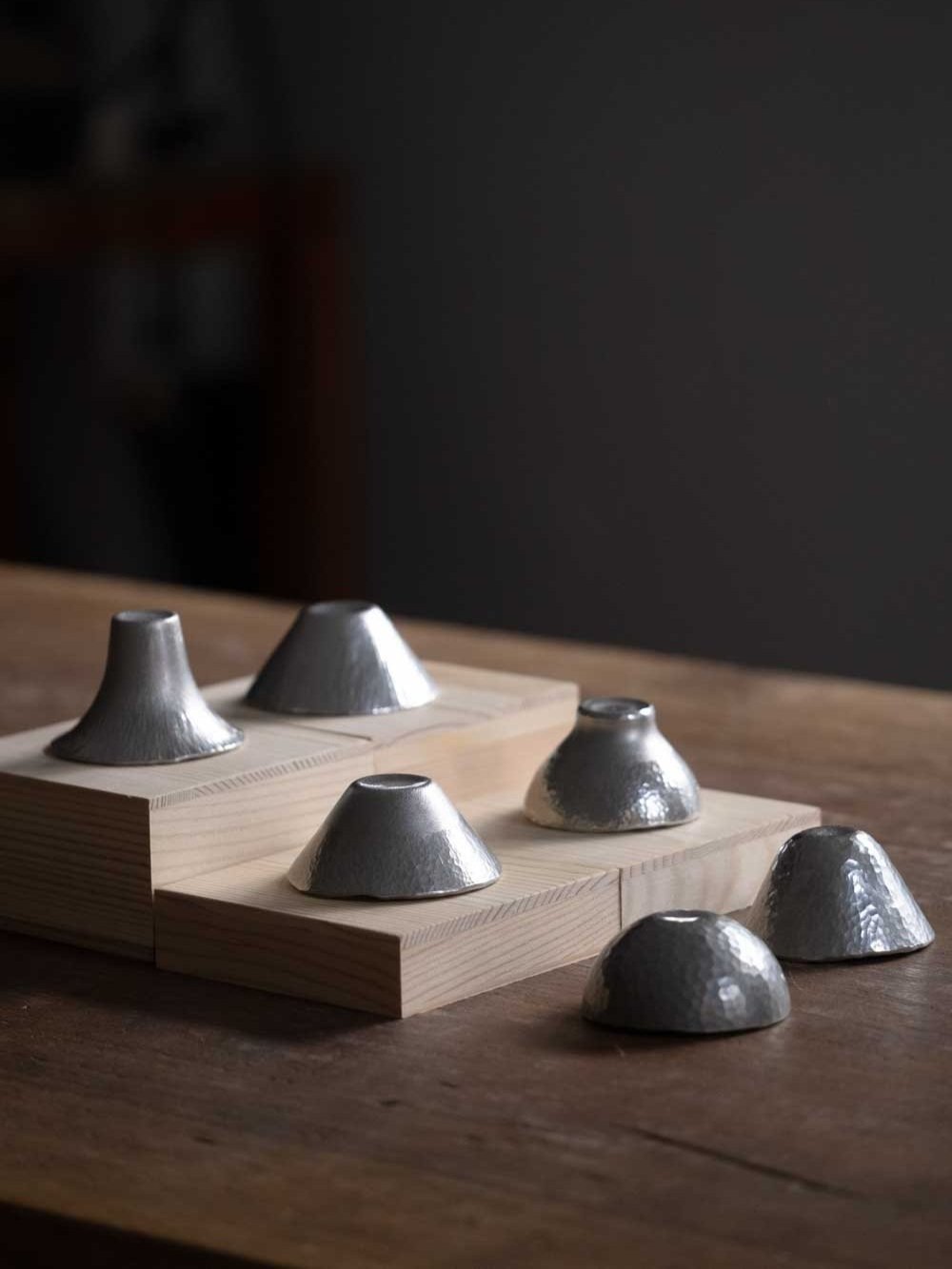 six types of hand-made tin sake cups