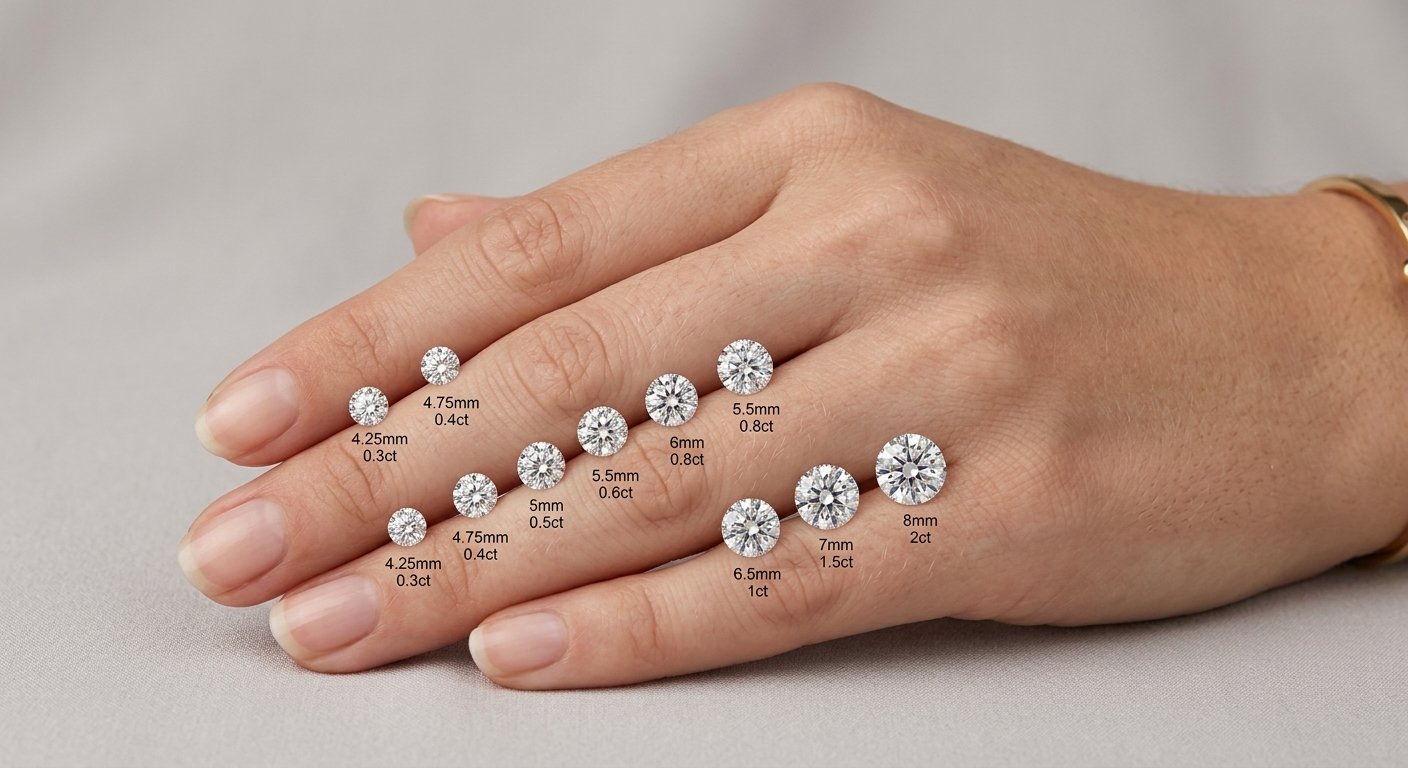 A hand with ten diamonds of various sizes and carats labeled on the fingers and back of the hand, with measurements indicating size and carat weight.