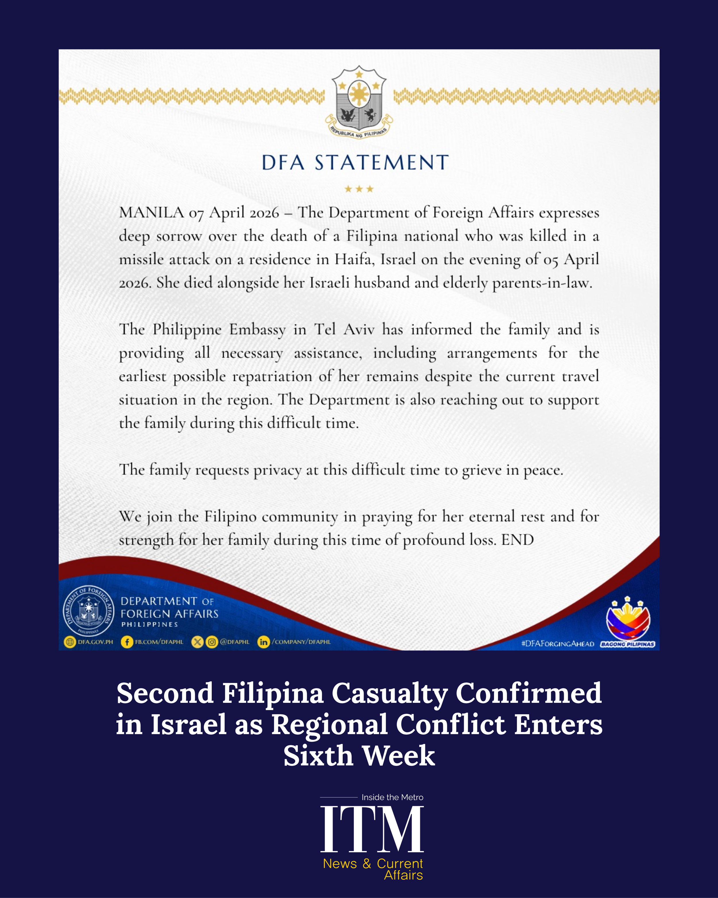 Second Filipina Casualty Confirmed in Israel as Regional Conflict Enters Sixth Week