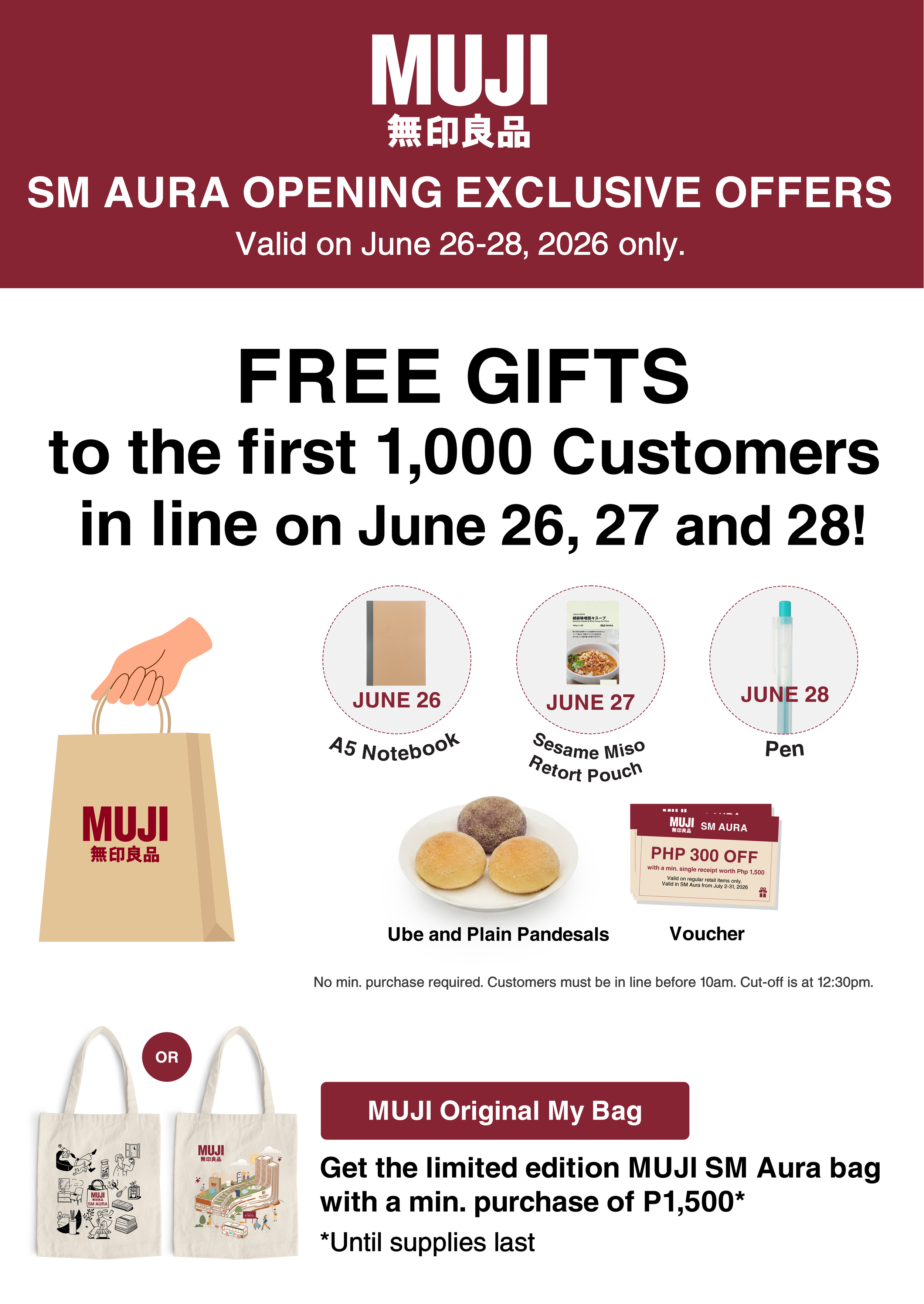MUJI SM Aura Opening Exclusive Offers June 26-28 Free MUJI Gifts to the First 1000 Customers.PNG