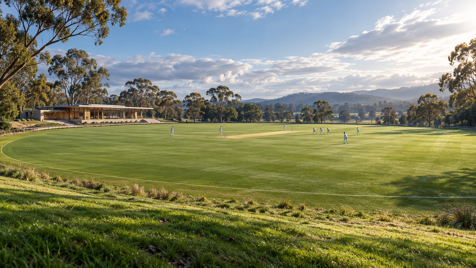 AI-generated editorial landscape of a cricket oval with a pavilion and eucalyptus trees.