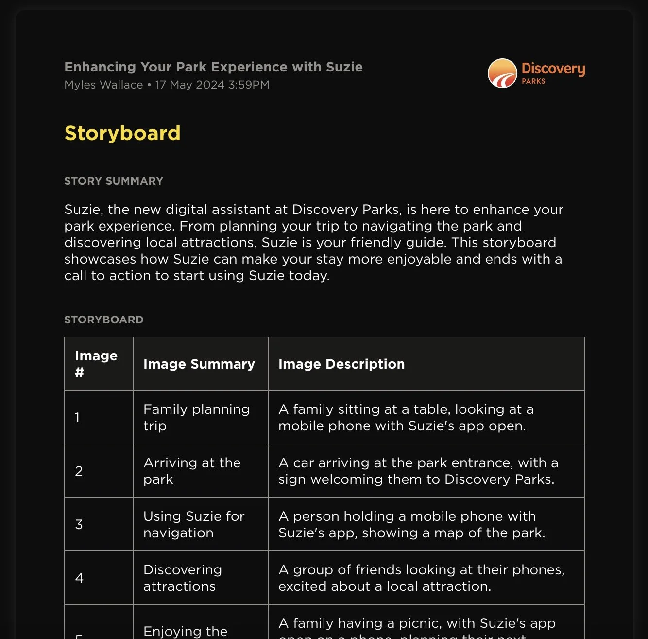 Table from a digital storyboard showing scenes of people at a park, including a family with a mobile phone, a car at the park entrance, a person using a mobile phone with an app, friends looking at phones, and a family having a picnic, with descriptions for each scene.