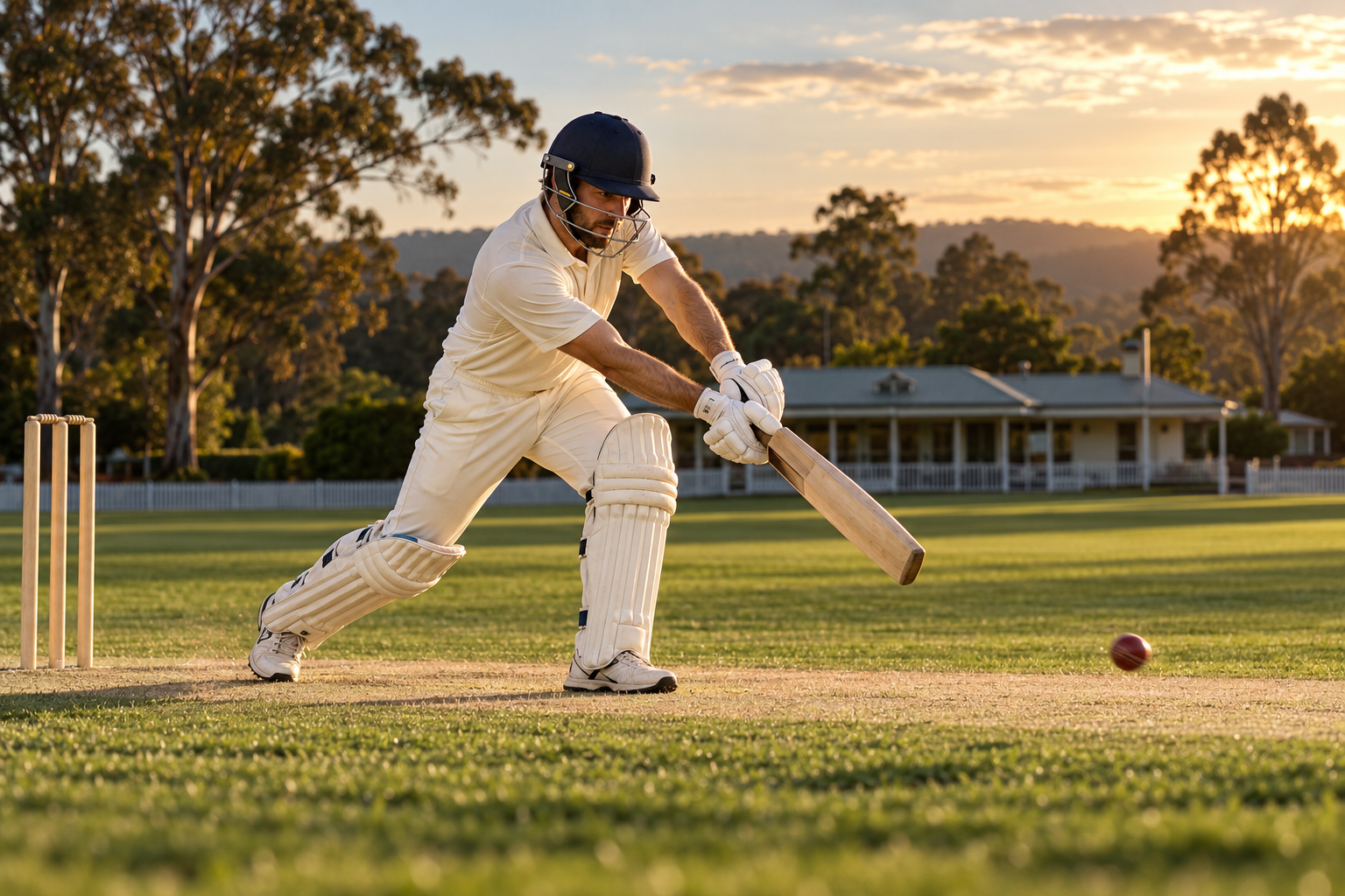 AI-generated editorial scene of a cricketer batting on a sunlit oval.