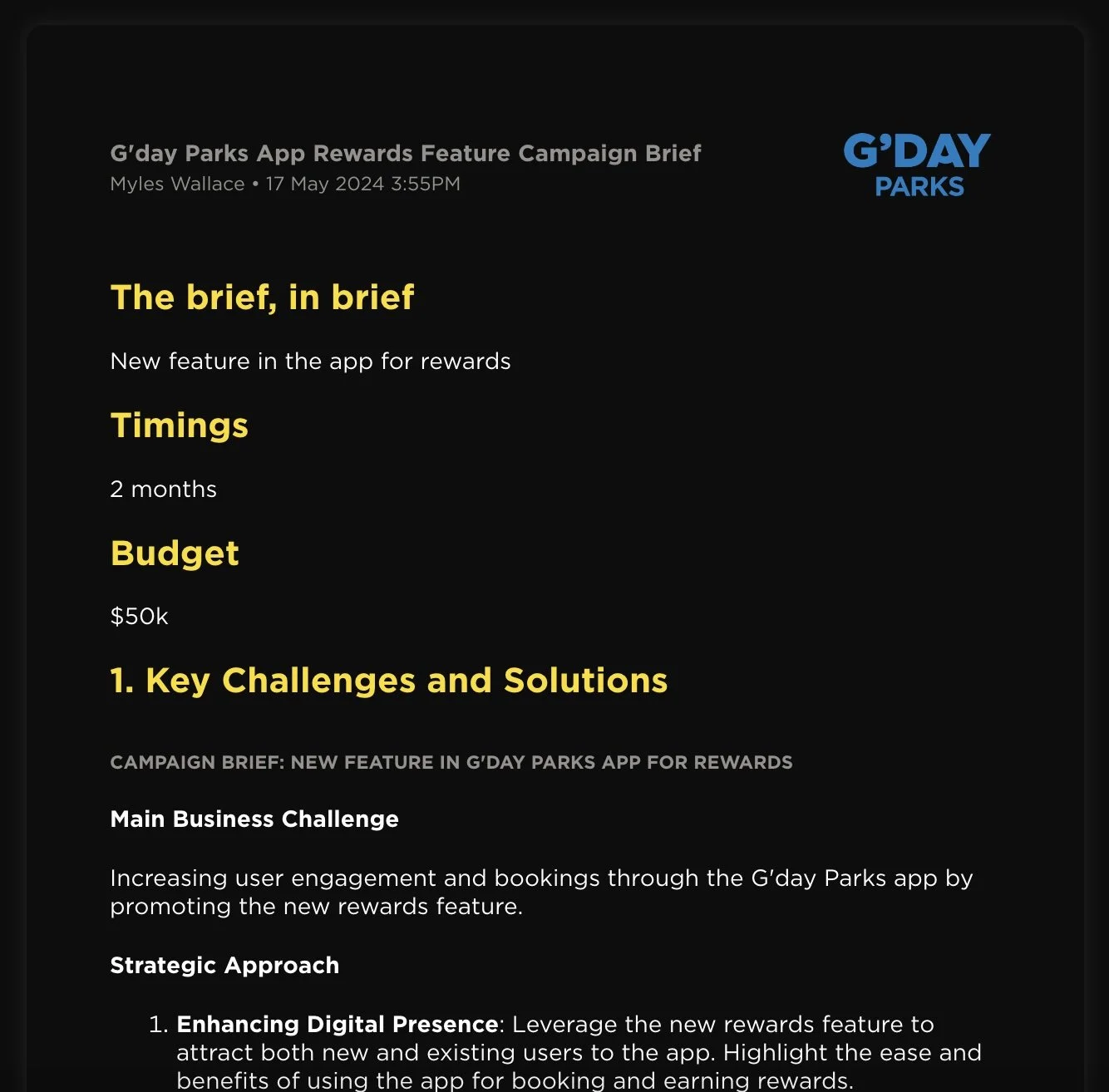 A campaign brief document for the G'day Parks app rewards feature, dated May 17, 2024, with sections discussing the feature, timing, budget, key challenges, and solutions, including promoting user engagement and digital presence.