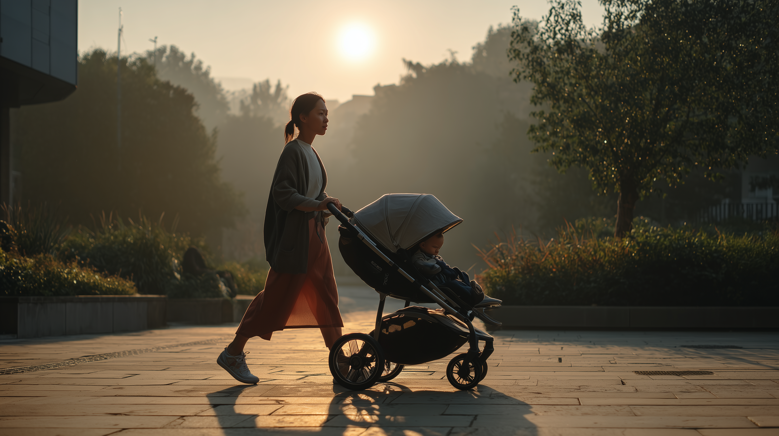 AI generated image of woman pushing pram