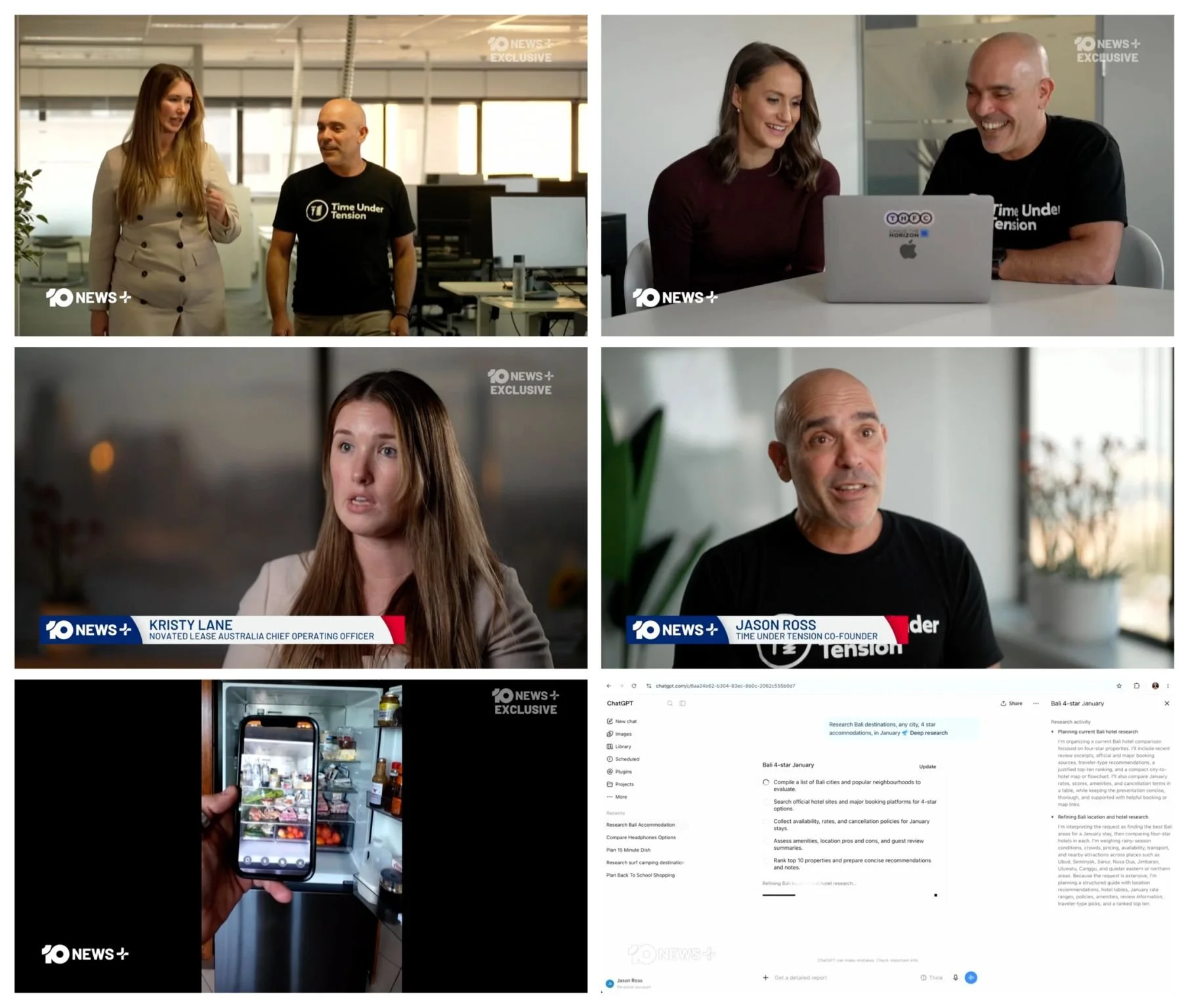 Collage of 10 News+ footage featuring Jason Ross, Novated Lease Australia and everyday AI demonstrations.