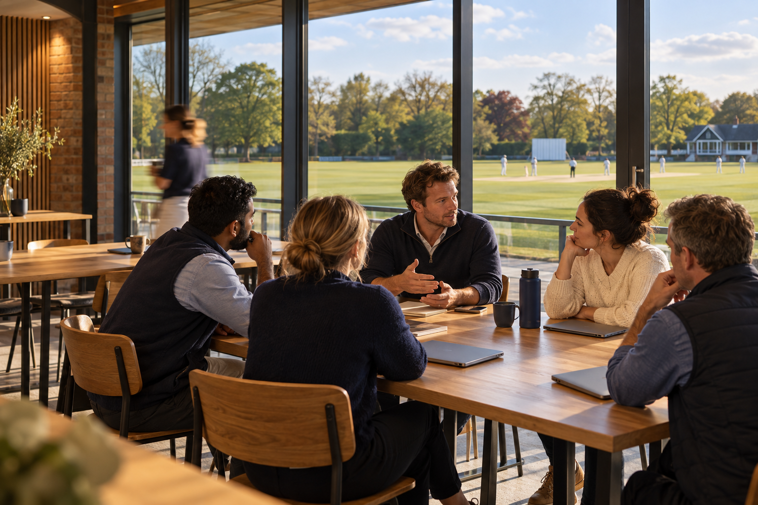 AI-generated editorial scene of adults discussing ideas at a table overlooking a cricket oval.