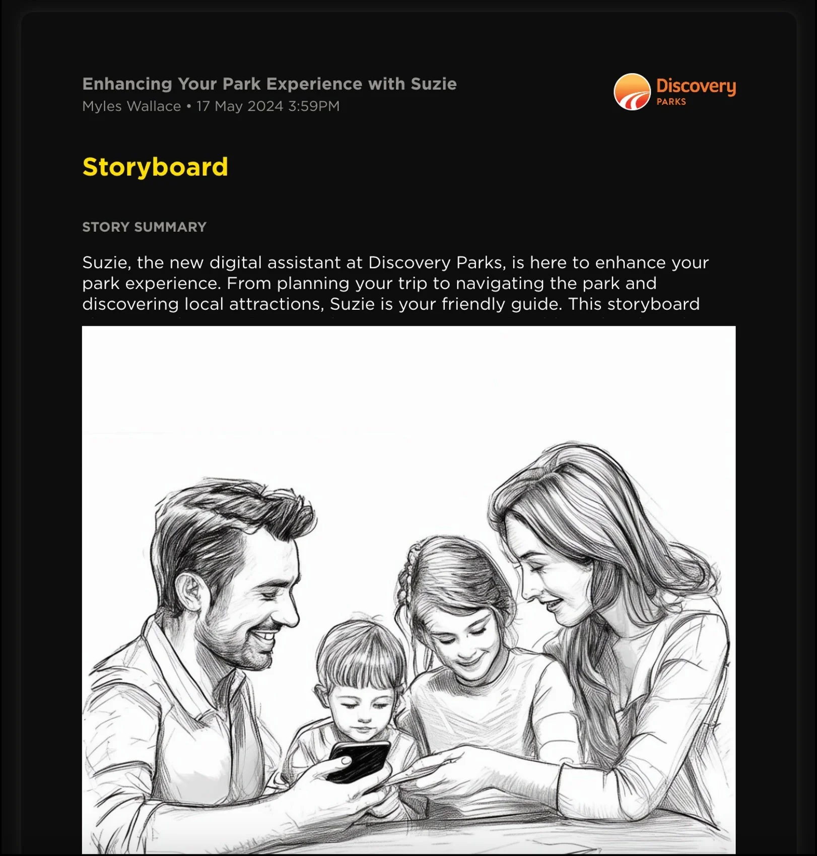 A drawing of a family of four, including two adults and two children, smiling and looking at a smartphone together.