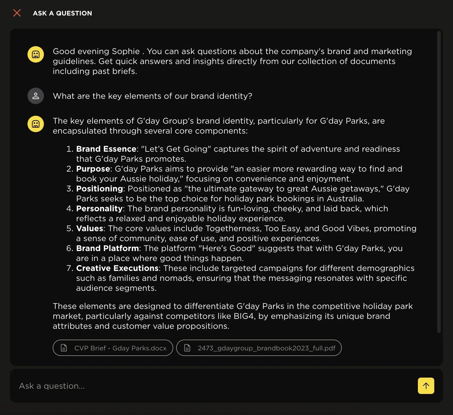 Screenshot of a digital document discussing key elements of G'day Group's brand identity, including brand essence, purpose, positioning, personality, values, platform, and creative executions, with links to related documents.