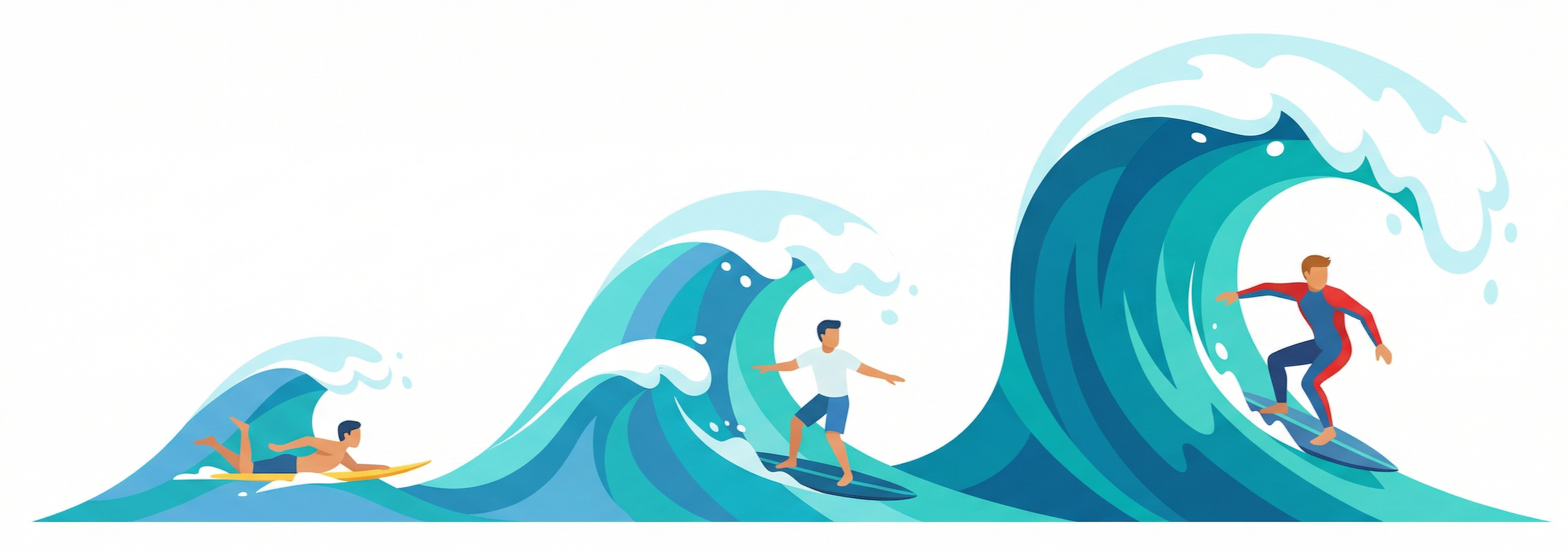 Illustration of three surfers on waves