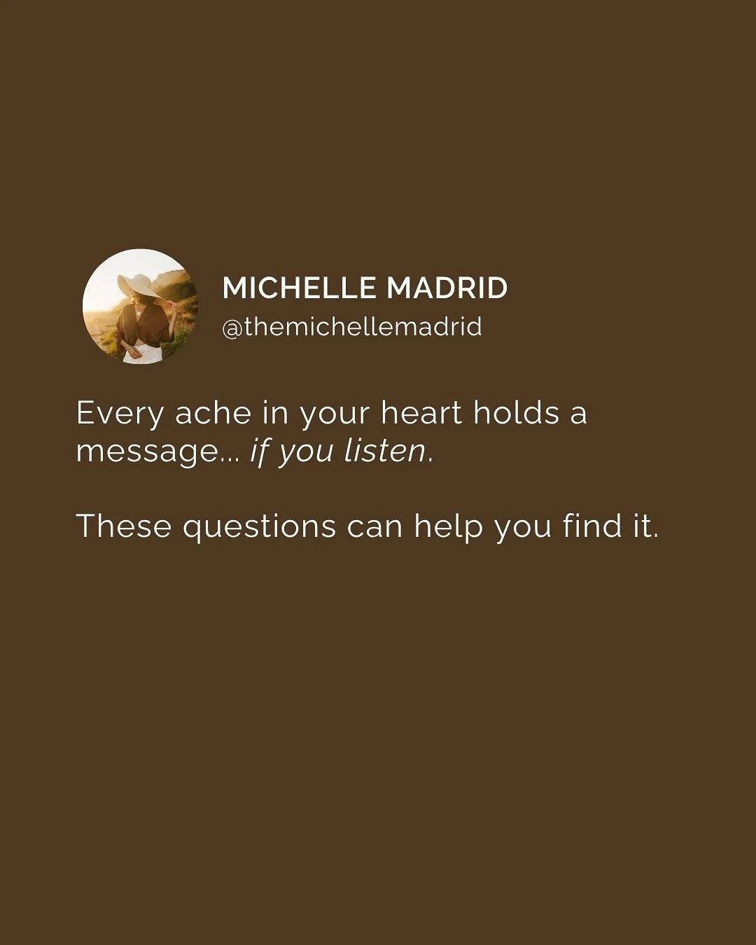 That ache in your heart isn&rsquo;t just pain.
It&rsquo;s communication.

When we slow down long enough to listen, we start to hear what&rsquo;s beneath it: truth, wisdom, and the next step forward.

The ache doesn&rsquo;t mean you&rsquo;re breaking 