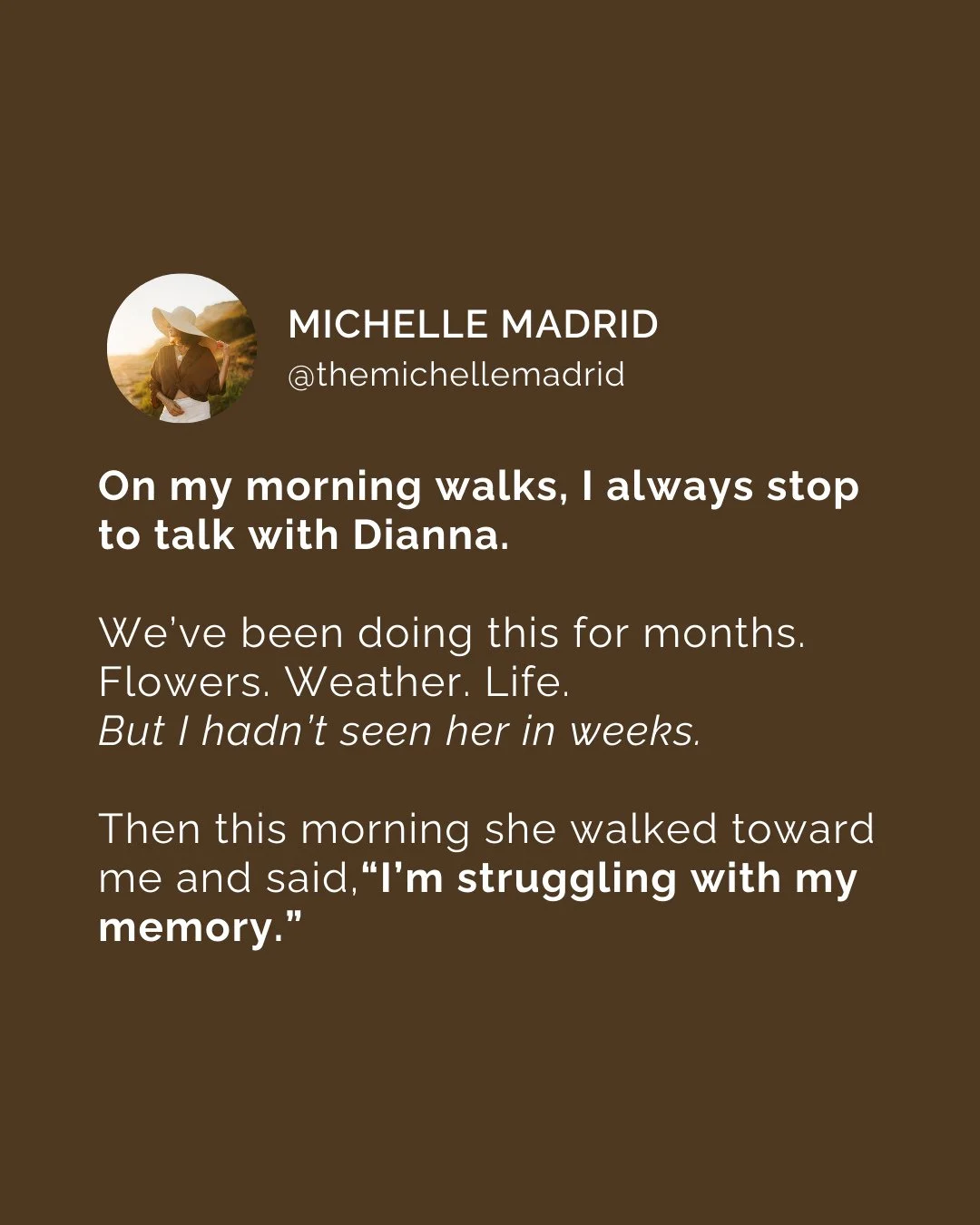 Some people become part of our rhythm without us noticing the moment it happens.⁠
⁠
A familiar face.⁠
A few shared words.⁠
A pause in the morning that starts to matter.⁠
⁠
That's my neighbor, Dianna. ⁠
Our morning chats have come to mean so much to m