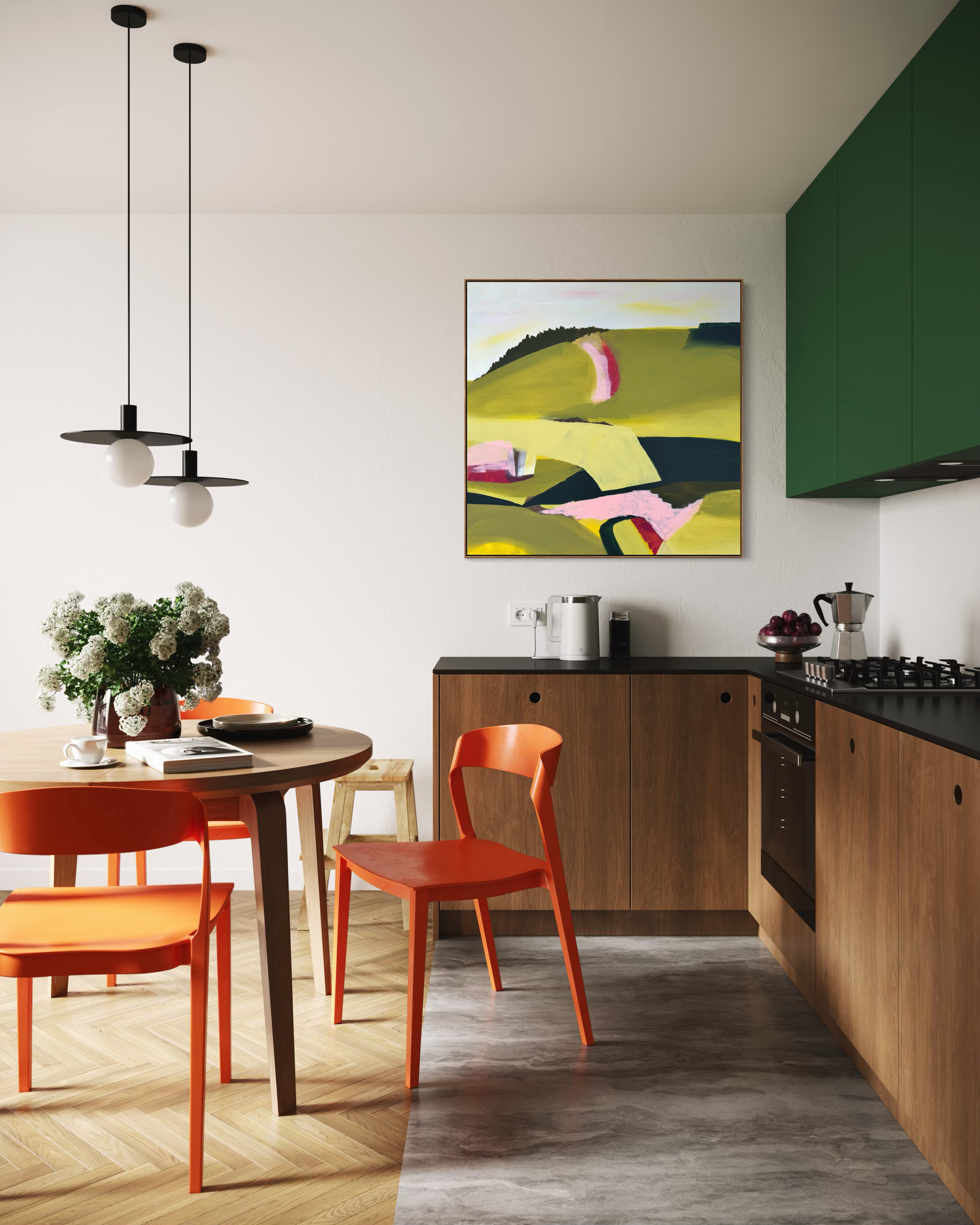 Spaziergang | kitchen pink and green original abstract landscape.PNG