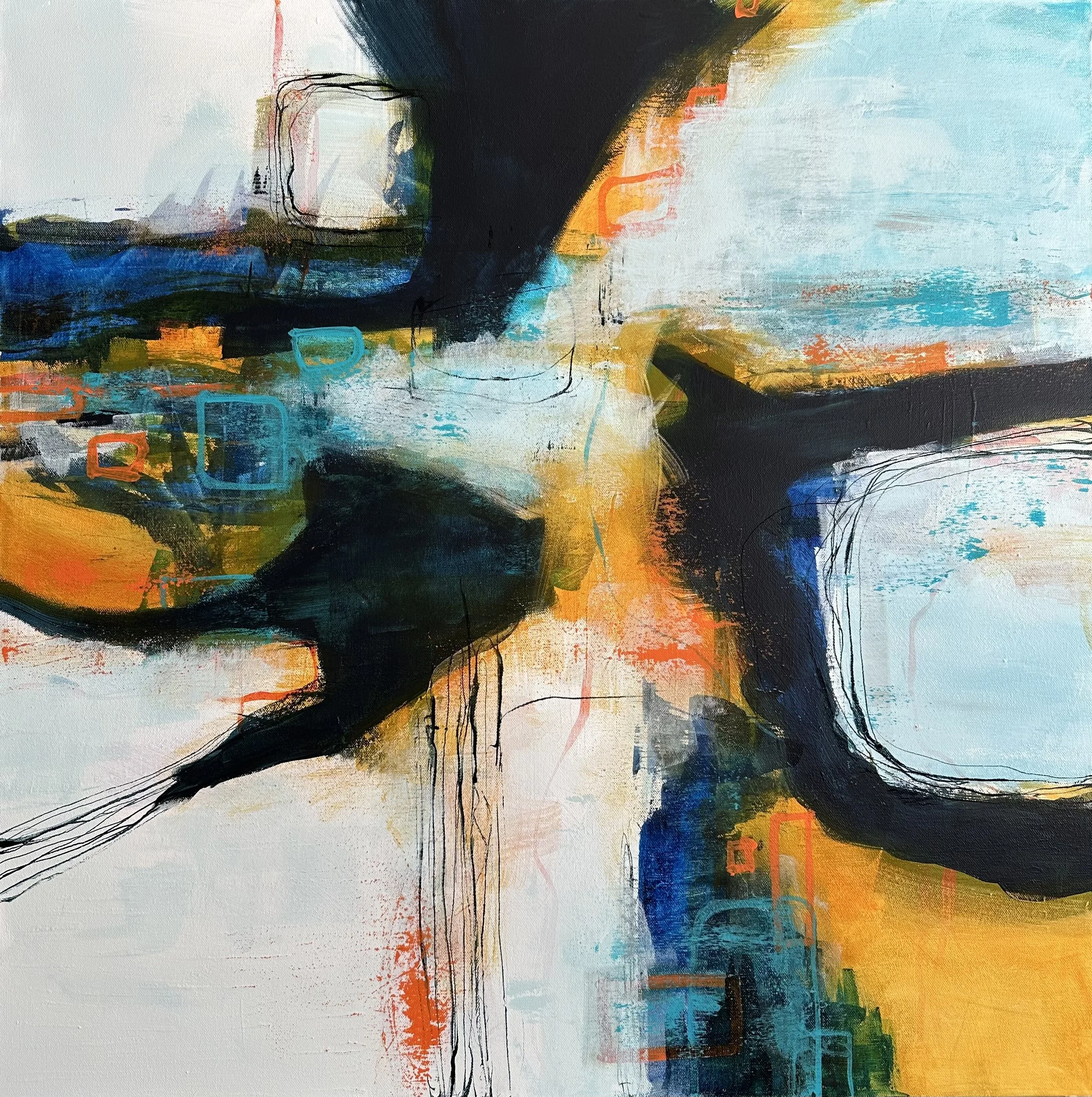 Expressive abstract artwork featuring fluid blue tones and bold dark shapes symbolising connection and movement, part of the In Search of Connection series.