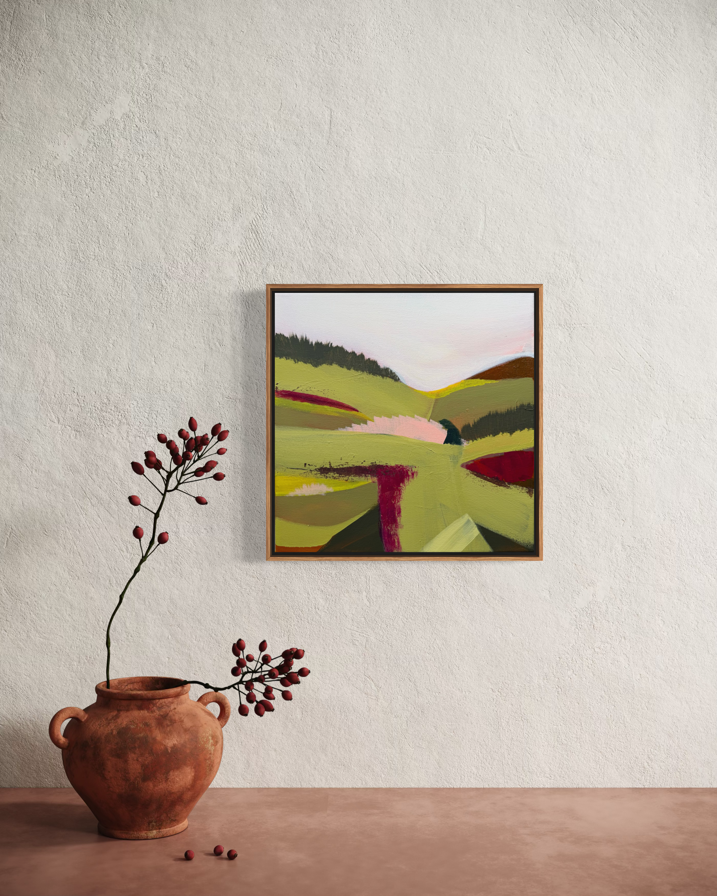 Farmlands | deco pink and green original abstract landscape.PNG