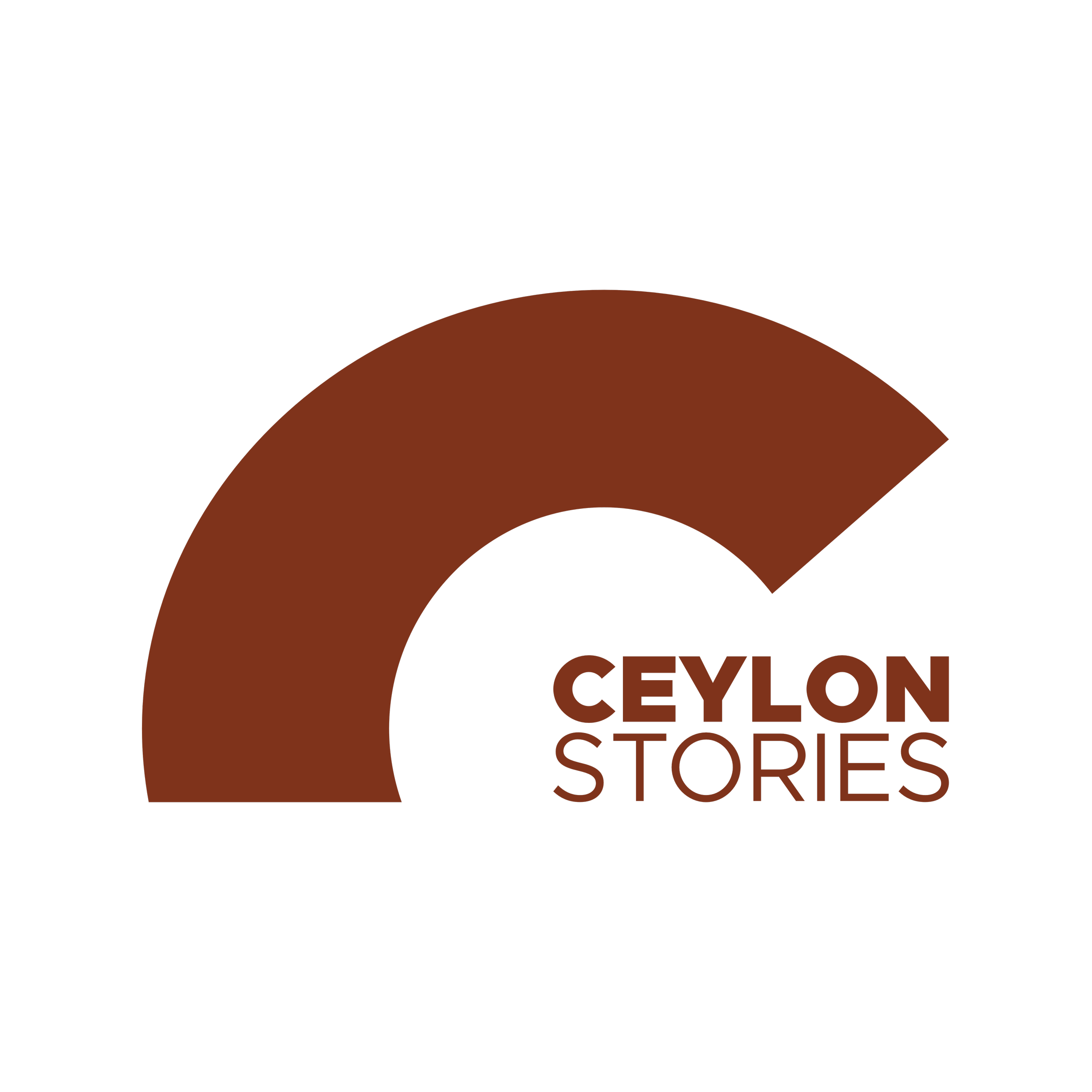 Logo for Ceylon Stories featuring a large brown semi-circular shape and the text 'CEYLON STORIES' in brown.