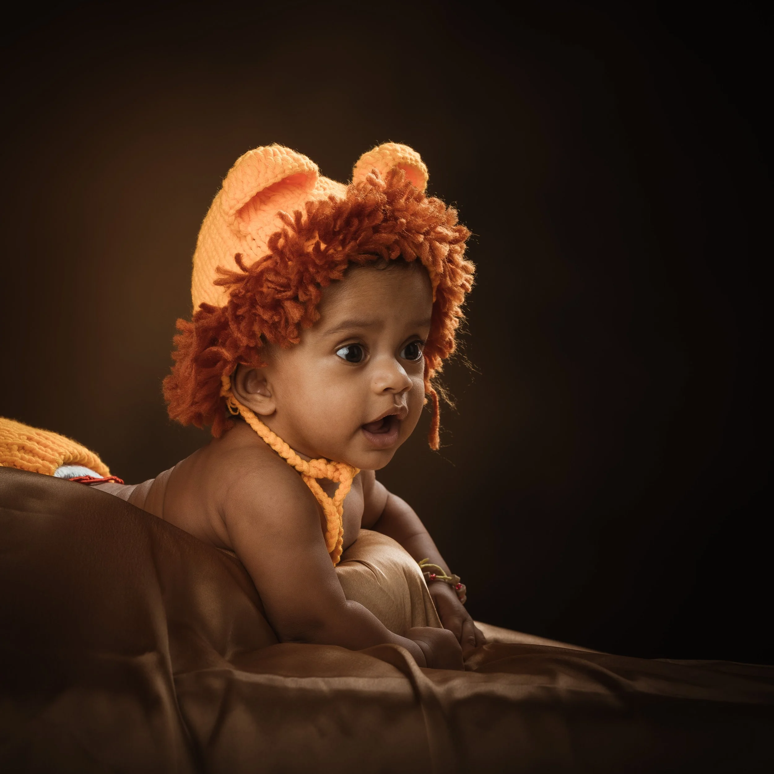 A baby dressed in a knitted orange hat with a matching tie, lying on their stomach on a brown surface, with a surprised expression and dark background.