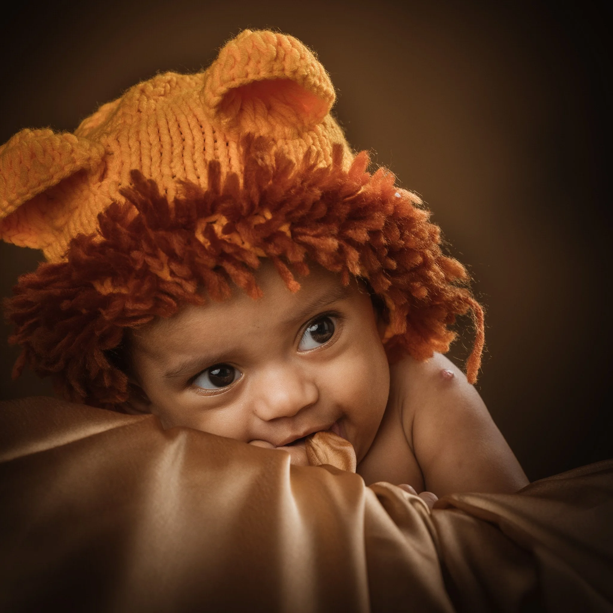 A young child with big eyes lying on their stomach, wearing a bright orange knit hat with animal ears and furry trim, resting their head on their arms and biting their finger.