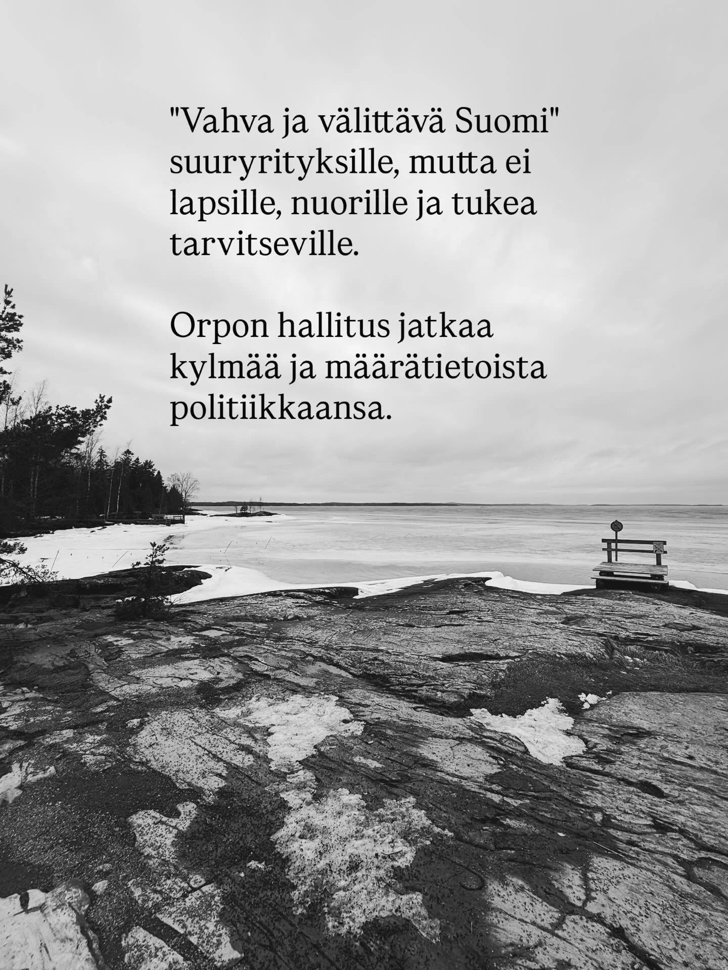 "Vahva ja v&auml;litt&auml;v&auml; Suomi" suuryrityksille, mutta ei lapsille, nuorille ja tukea tarvitseville.

Orpon hallituksen viimeisen kehysriihen anti oli v&auml;hemm&auml;n yll&auml;tt&auml;v&auml;, mutta sit&auml;kin karumpi. Hallit