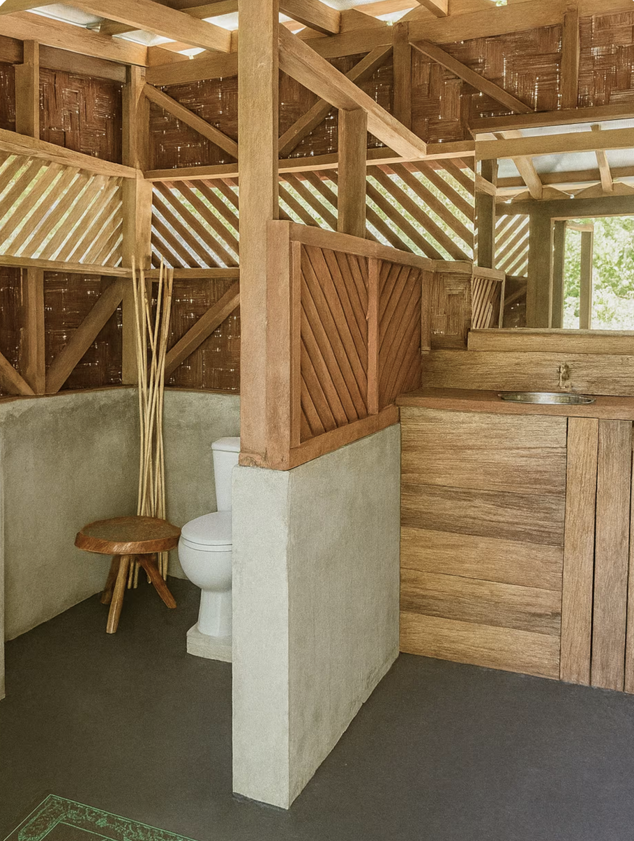 A rustic outdoor bathroom with wooden fencing, a toilet, a small wooden stool, and a wooden countertop with a built-in sink, all with natural wood finishes and surrounded by a partially open structure.