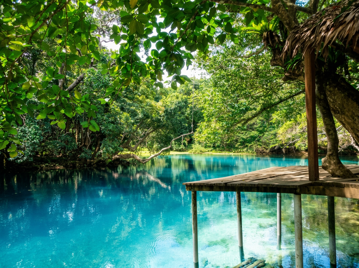 A peaceful scene of a turquoise river surrounded by lush green trees, with a small wooden dock extending over the water on the right side. Sunlight filters through the leaves, creating a serene natural setting.