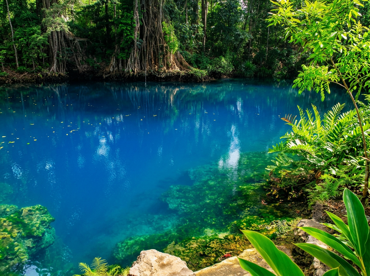 A vibrant blue cenote surrounded by lush green tropical plants and trees.