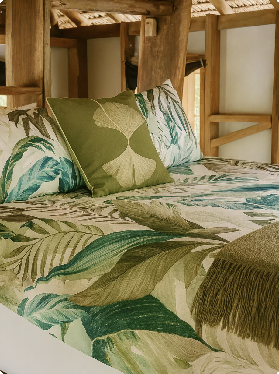 Bed with tropical leaf-patterned bedding and pillows in a rustic wooden bedroom.