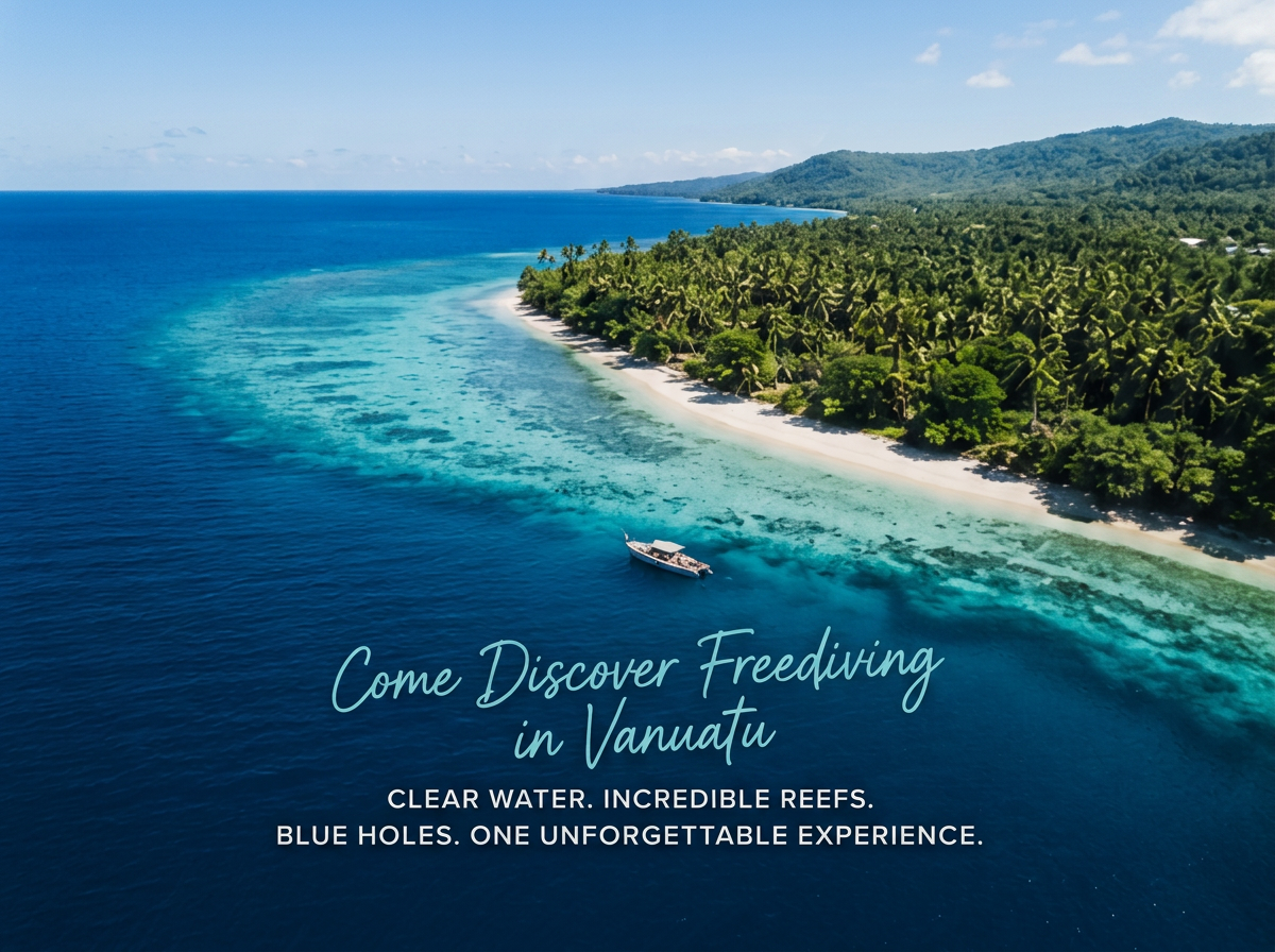 Aerial view of a tropical beach with clear water, reefs, and lush green island in Vanuatu, with a boat in the water and text promoting travel to Vanuatu.