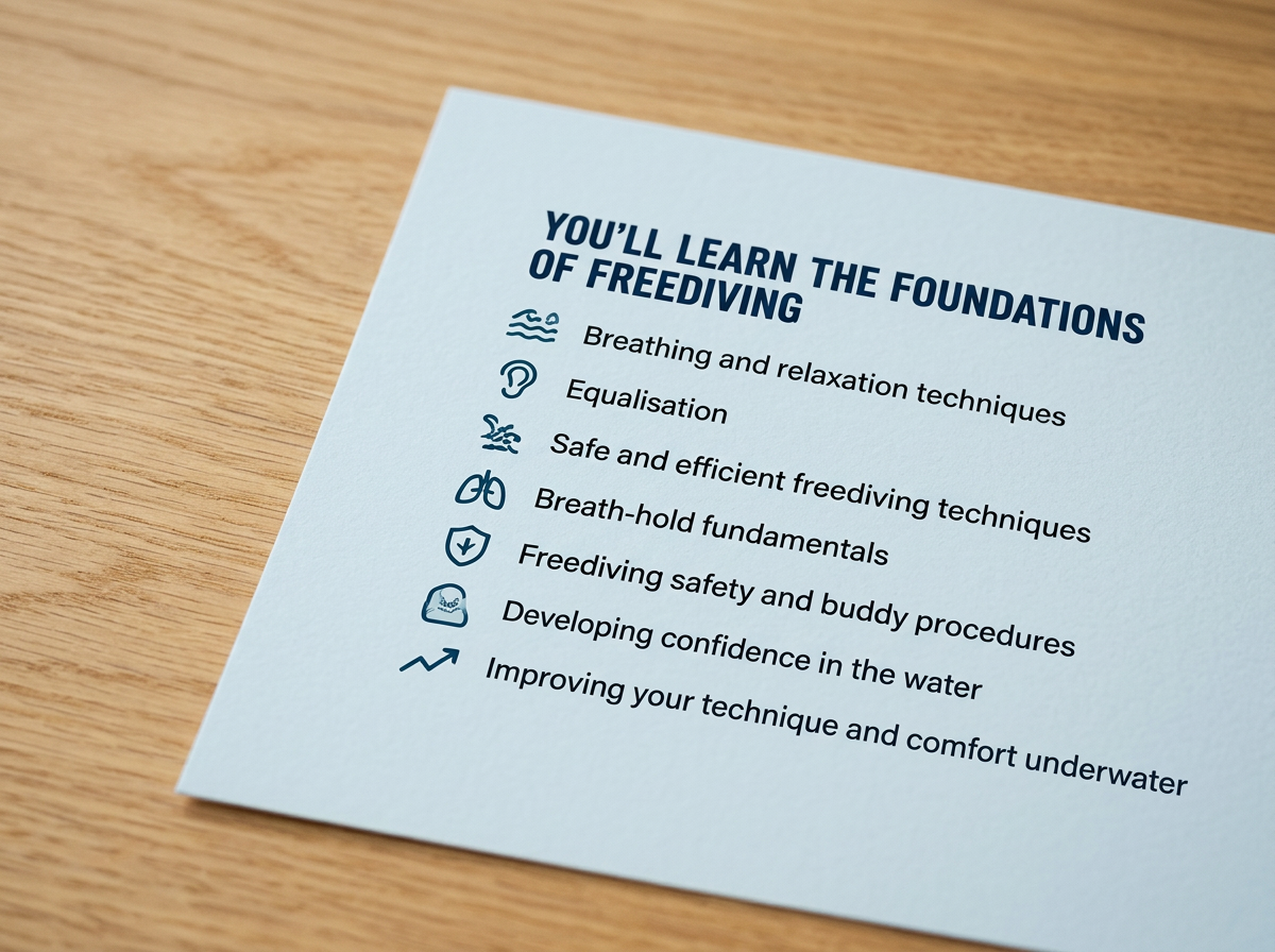 A printed list titled 'You'll Learn the Foundations of Freediving' The list includes topics like breathing techniques, equalization, safety procedures, and confidence building.