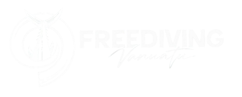 Logo of Freediving Vanuatu featuring a stylized fish tail and text in white on a black background.