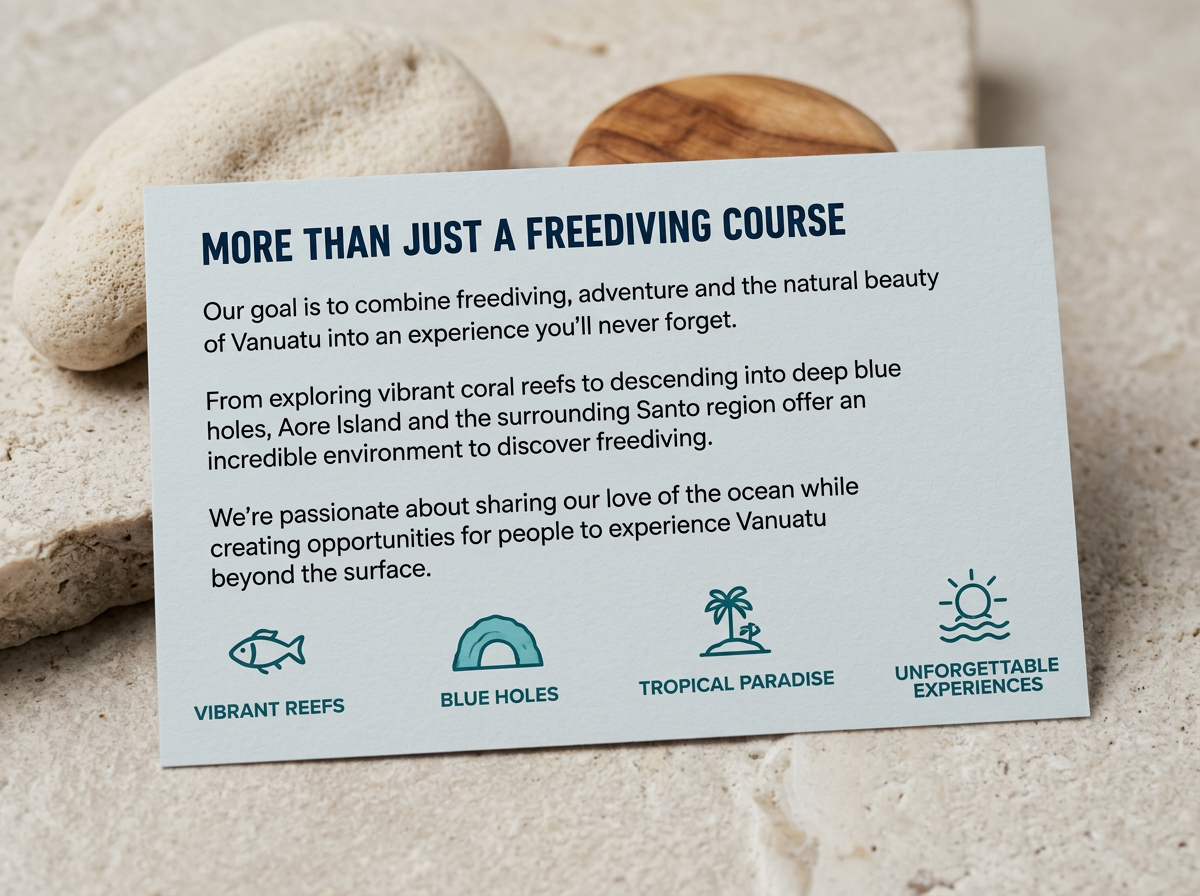 A flyer promoting a Vanuatu freediving course with icons representing vibrant reefs, blue holes, tropical paradise, and unforgettable experiences.