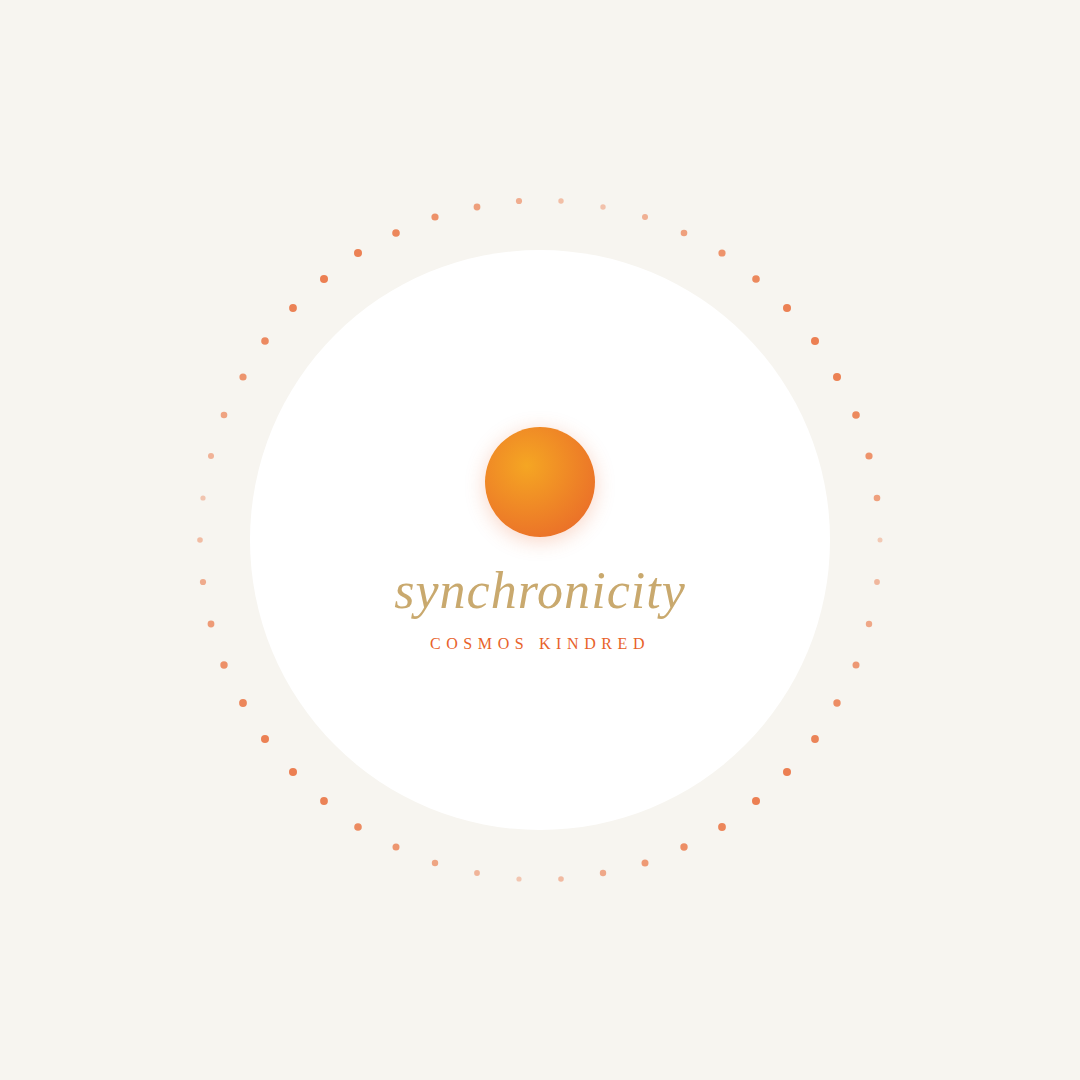 A minimalistic design with a central orange sphere, surrounded by a dotted circle. Text reads 'synchronicity' and 'COSMOS KINDRED' beneath it.