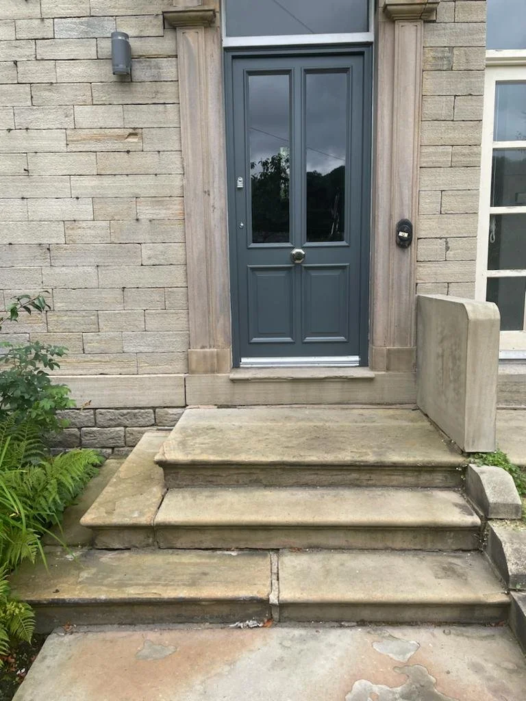 Stone steps leading to a dark gray wooden door with large glass panels, set in a brick wall next to a plant.